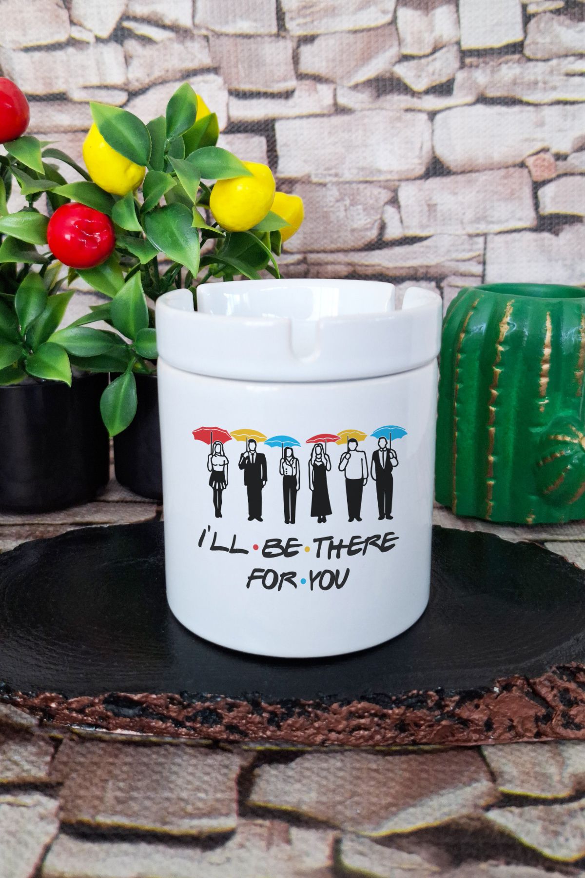 qoeuyl boutique I'll Be There For You Friends Baskılı Seramik Kapaklı Kokusuz Küllük