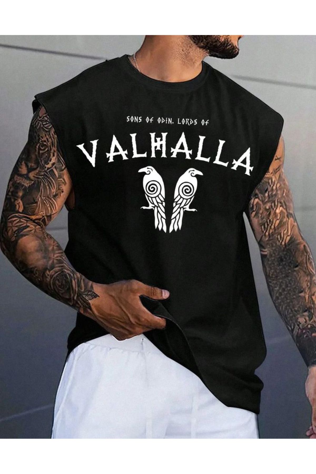 aynewmoda Viking Valhalla Logo Print Sleeveless T-Shirt