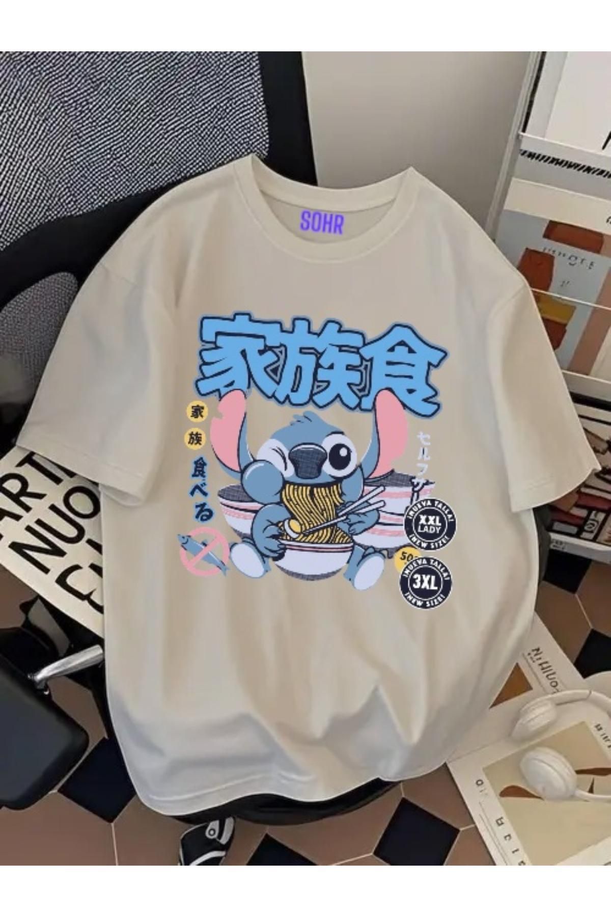 SOHR Unisex Erkek/Kadın Stitch Ramen Renkli Baskılı Oversize Pamuklu T-Shirt