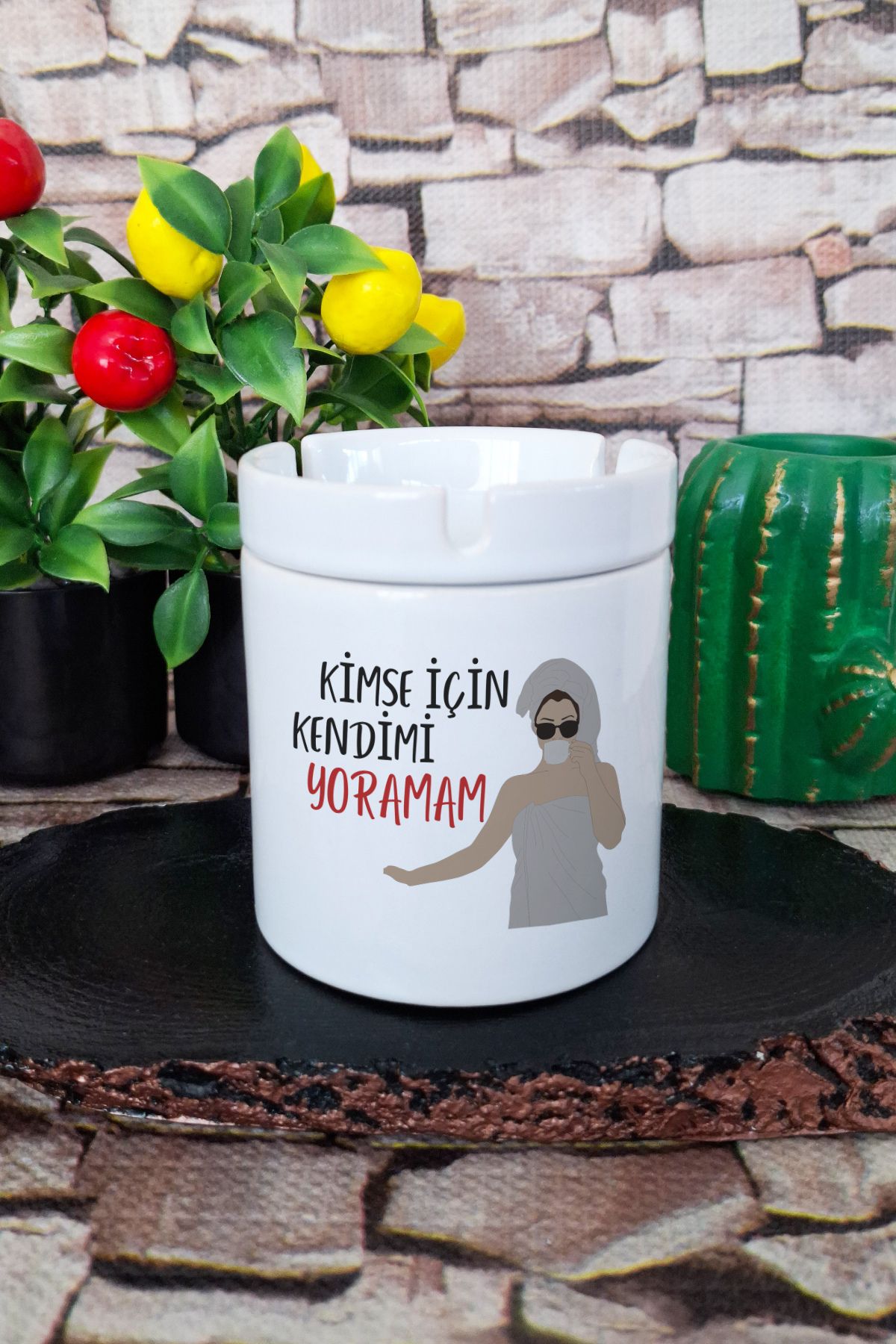 qoeuyl boutique Kimse İçin Kendimi Yoramam Hediyelik Eğlenceli Baskılı Seramik Kapaklı Kokusuz Küllük