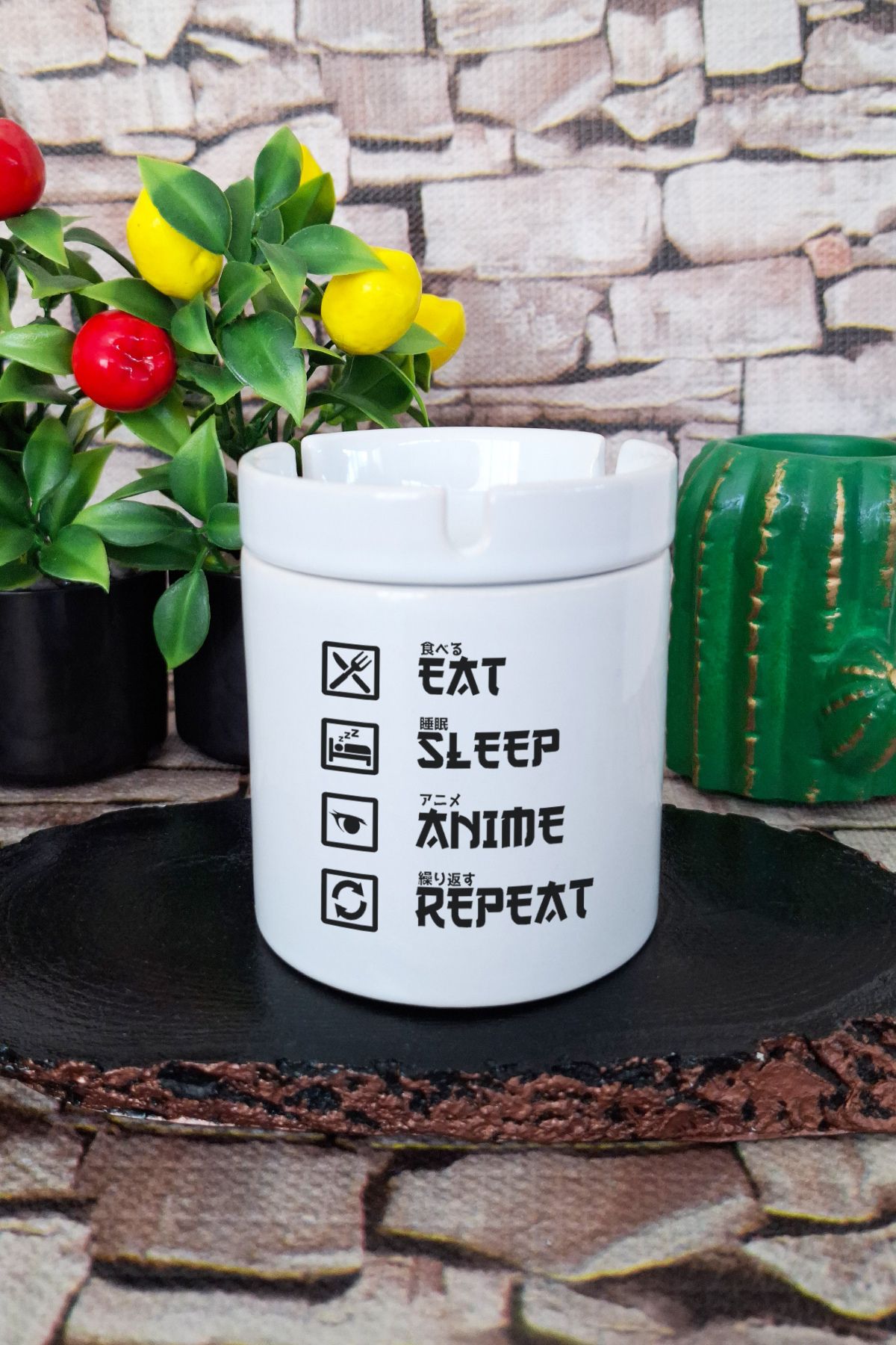 qoeuyl boutique Eat Sleep Anime Repeat Hediye Baskılı Seramik Kapaklı Kokusuz Küllük