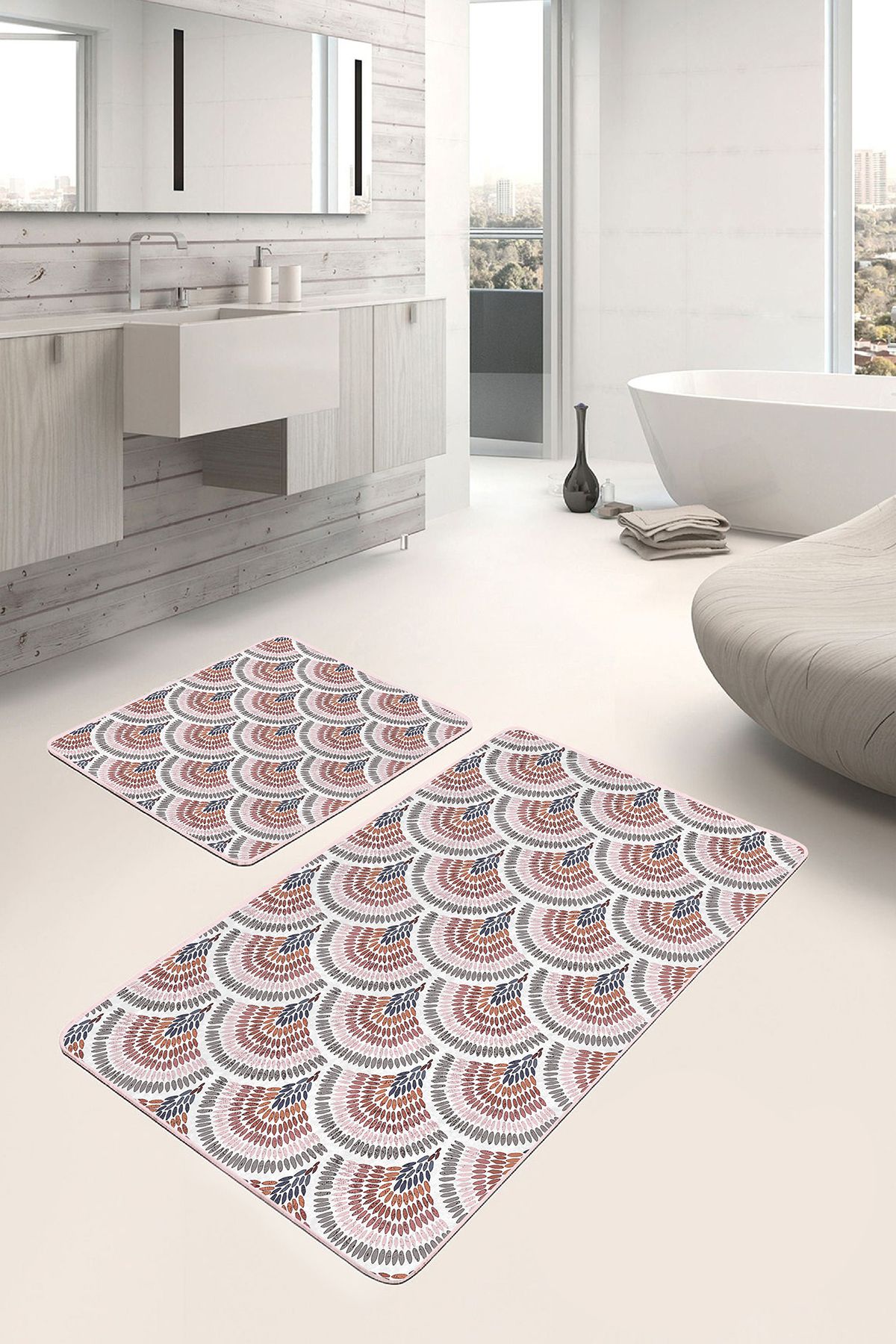 Realhomes 2'li Set Beyaz Zeminde Art Deco Motifli Patchwork Geometrik Sade & Şık 2'li Banyo Paspas Takımı