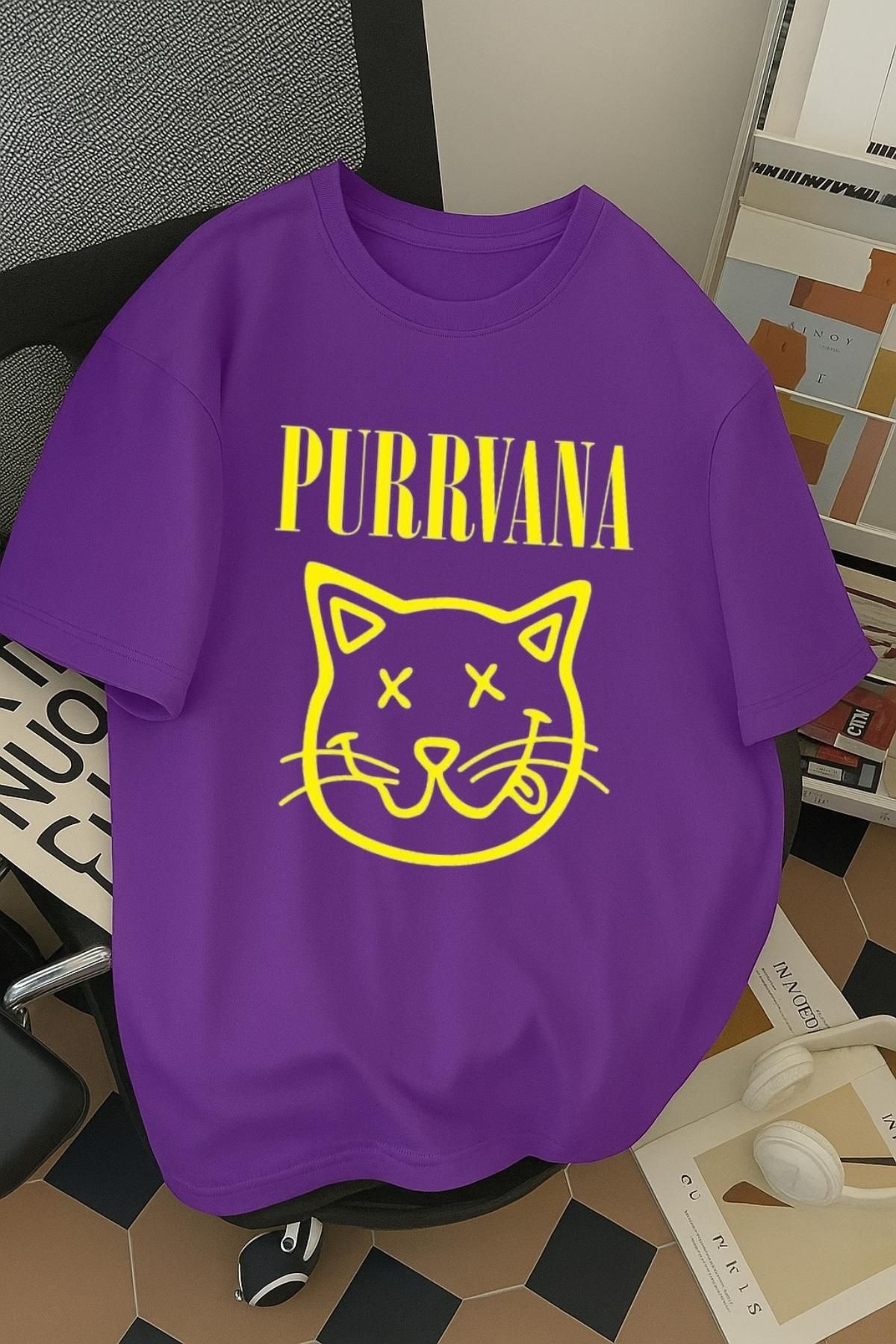 SOHR Unisex Erkek/Kadın Purrvana Kedi Renkli Baskılı Oversize Pamuklu T-Shirt
