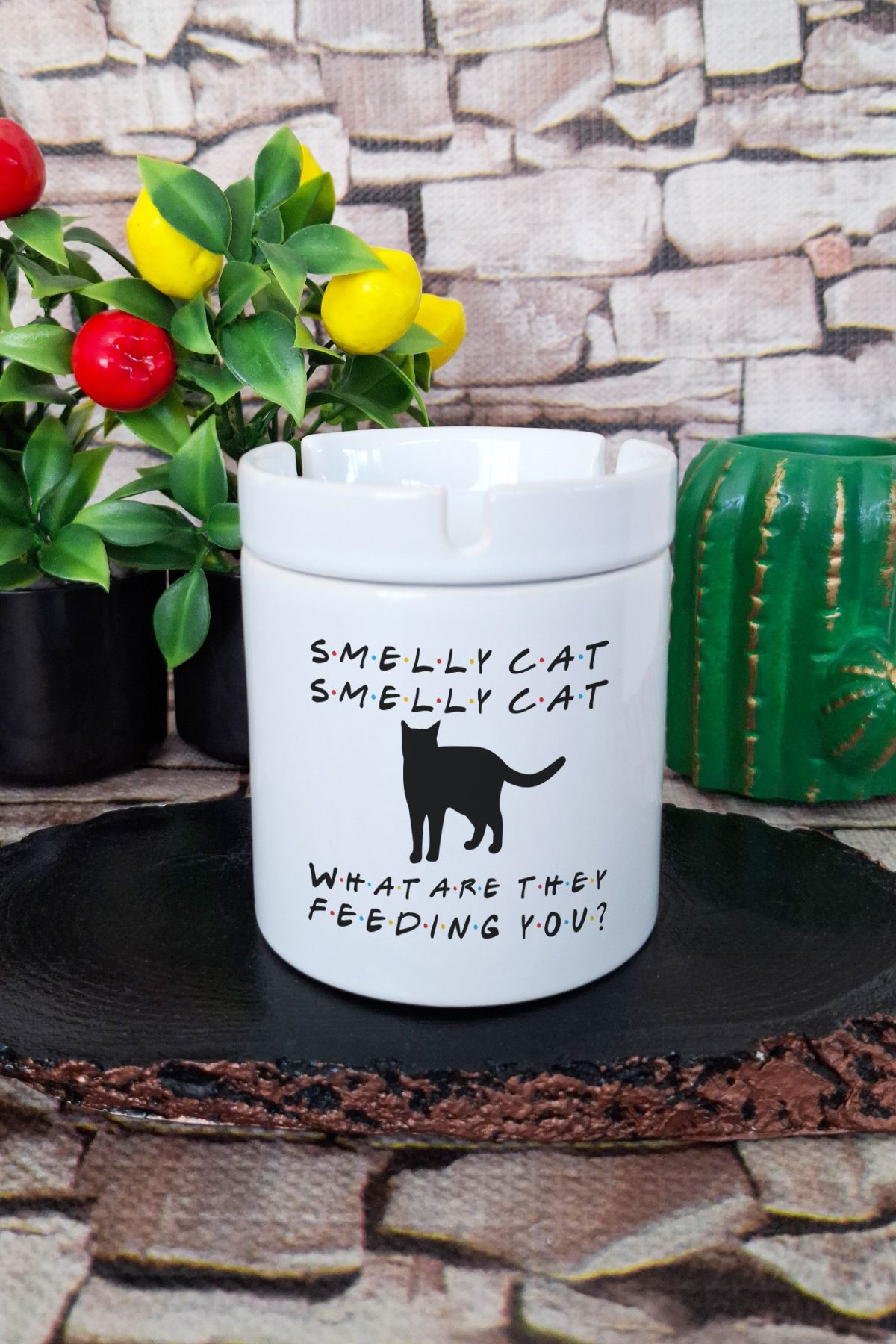 qoeuyl boutique Smelly Cat Phoebe Buffay Friends Baskılı Seramik Kapaklı Kokusuz Küllük