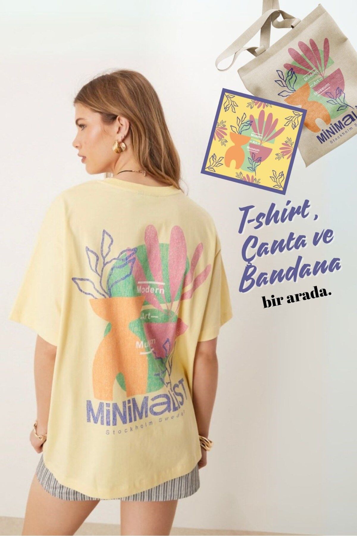 GIA - ART Kadın Sarı Oversize Minimalist Yazılı Sanat Desenli Tişört Hediye Çanta ve Bandana Seti
