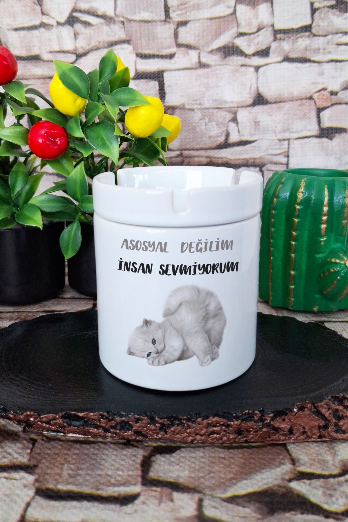 qoeuyl boutique Asosyal Değilim İnsan Sevmiyorum Hediyelik Eğlenceli Sevimli Baskılı Seramik Kapaklı Kokusuz Küllük