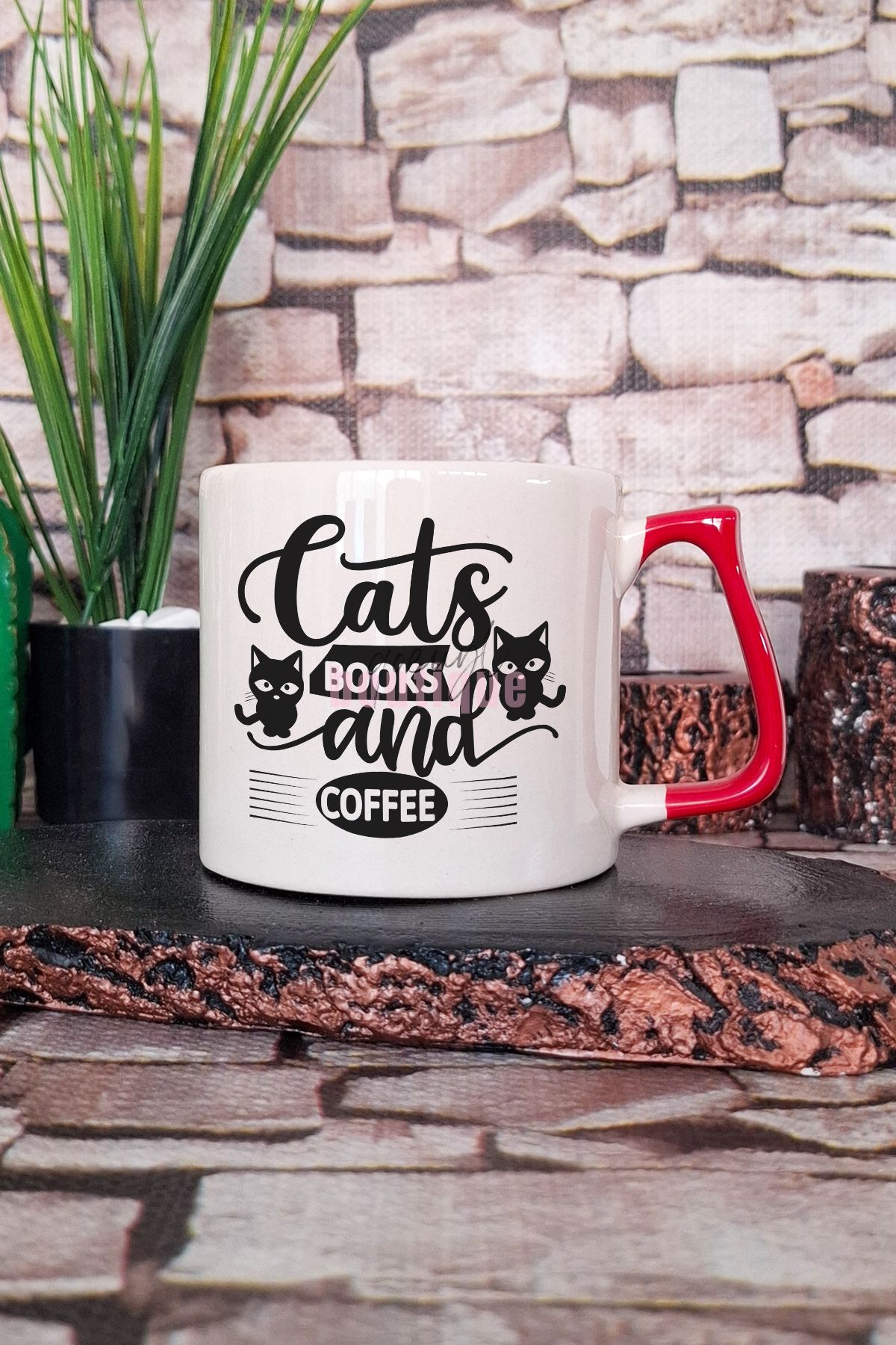 qoeuyl boutique Cats Books And Coffee Temalı Kedi Kitap Kahve Sever Hediyelik Kulplu Kupa Bardak