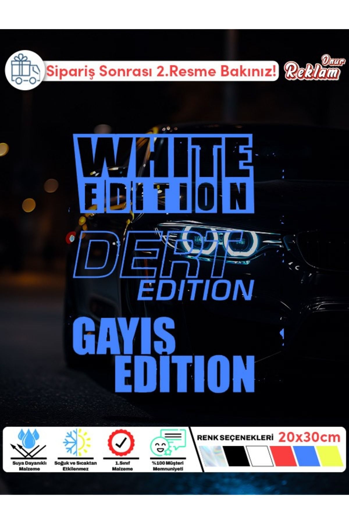 Onur Reklam Edition Serisi Araba Sticker Seti – White, Deri, Gayış Yazılı Holografik Çıkartma | 20x30 cm