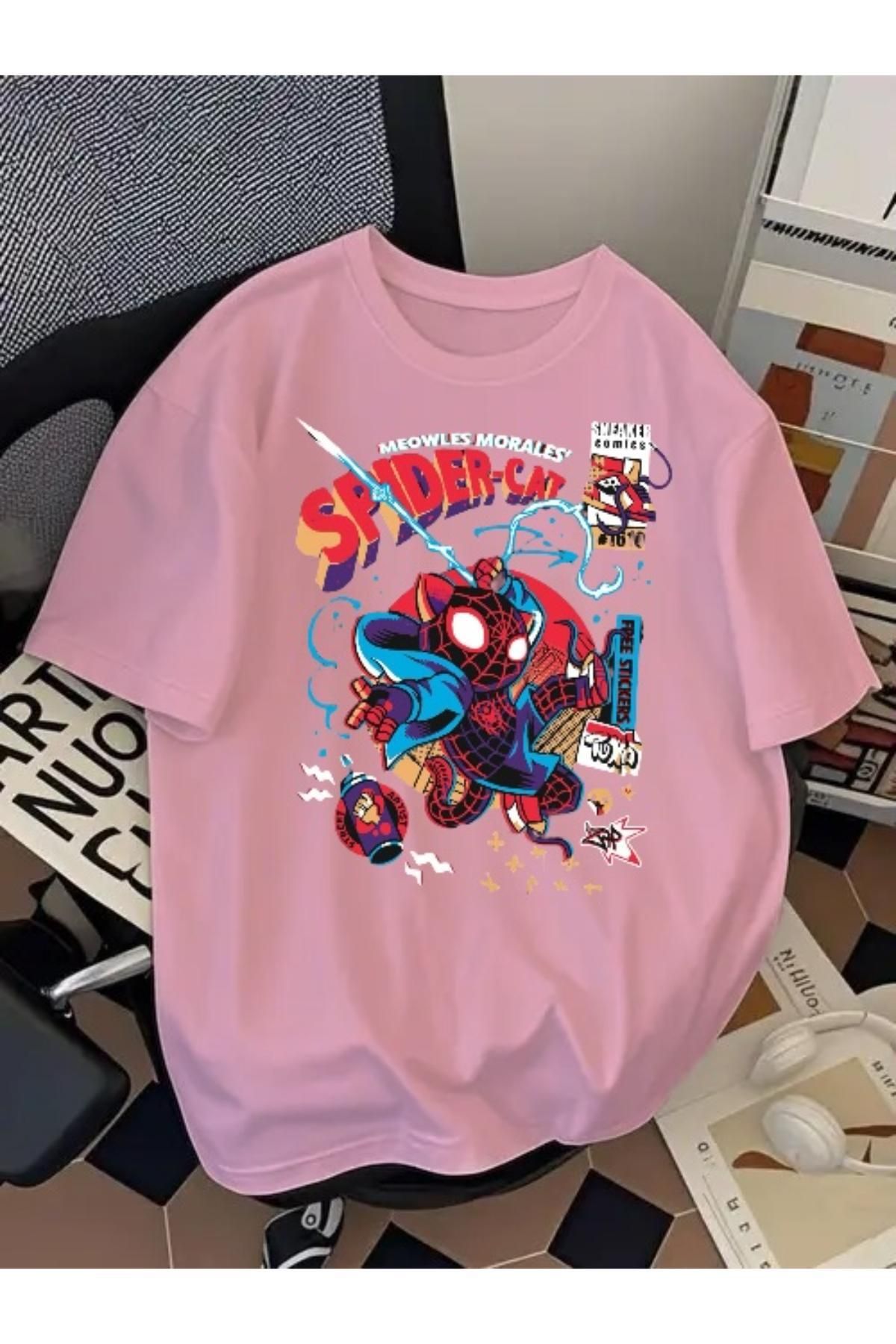 SOHR Unisex Erkek/Kadın Spider Cat Renkli Baskılı Oversize Pamuklu T-Shirt