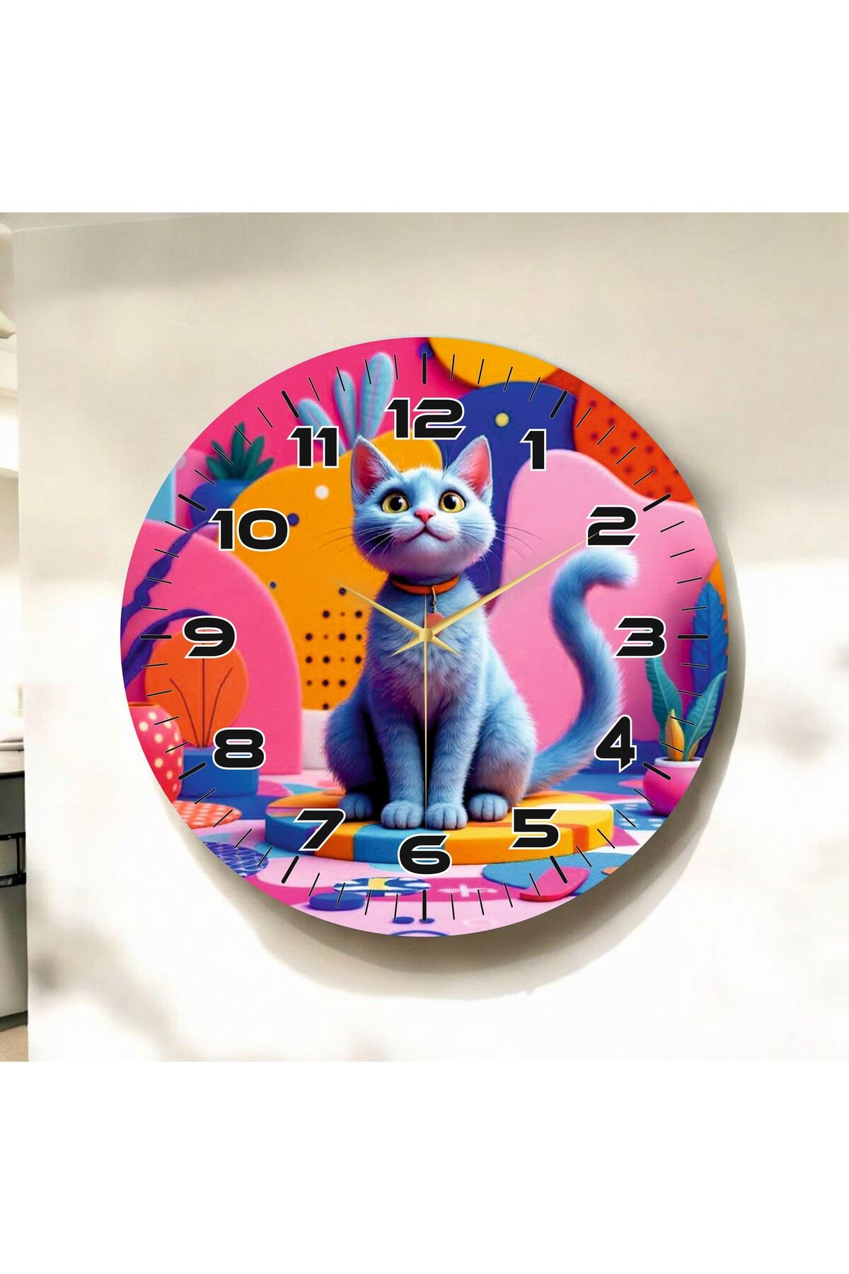 AA Shop Çizgi Kedi Tasarımlı Renkli Baskı Desenli Sayılı Hediyelik Ahşap Sessiz Duvar Saati 50cm