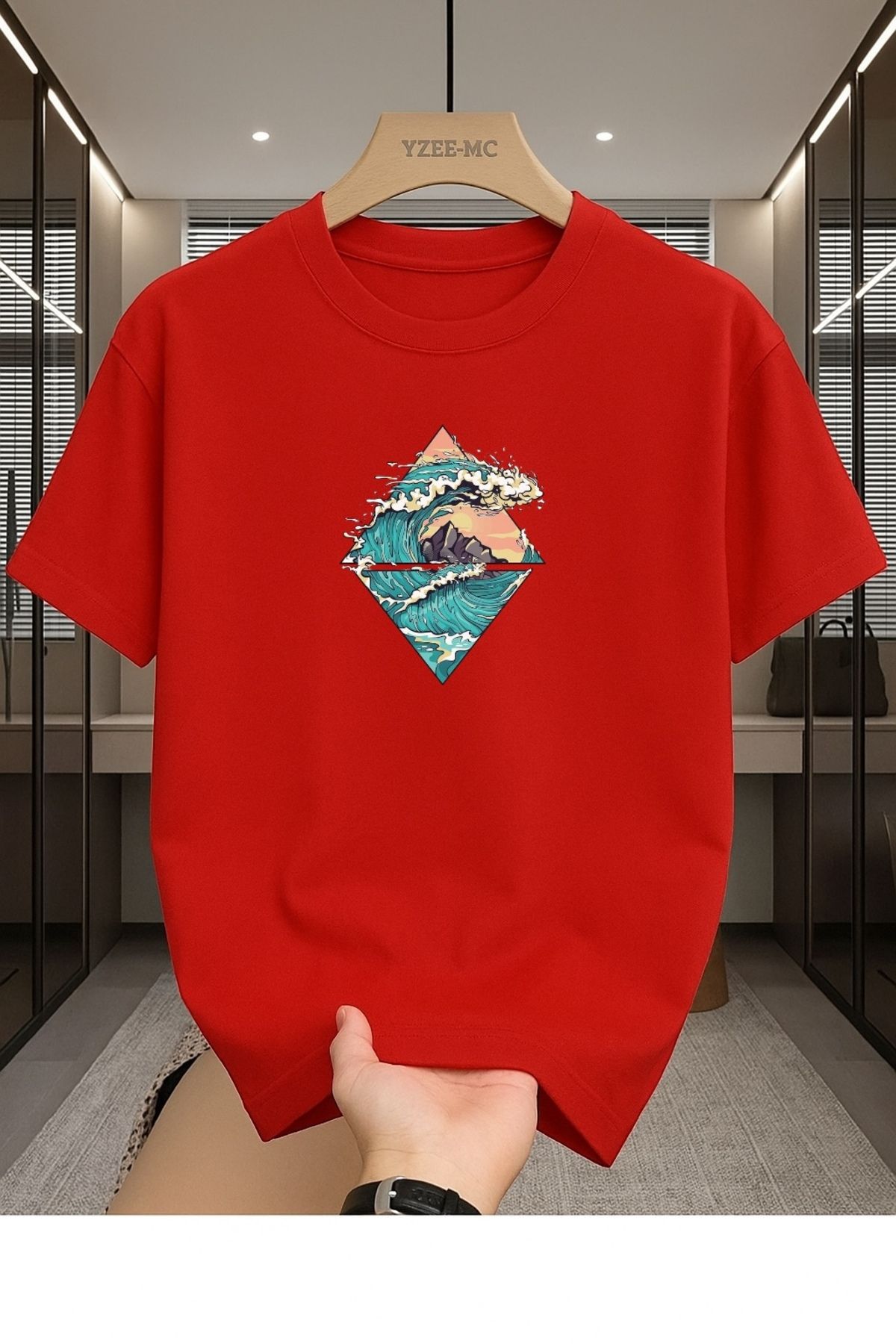 Madali Boutique Dalga Baskılı Unisex Bisiklet Yaka Pamuk Oversize Boyfriend T-Shirt
