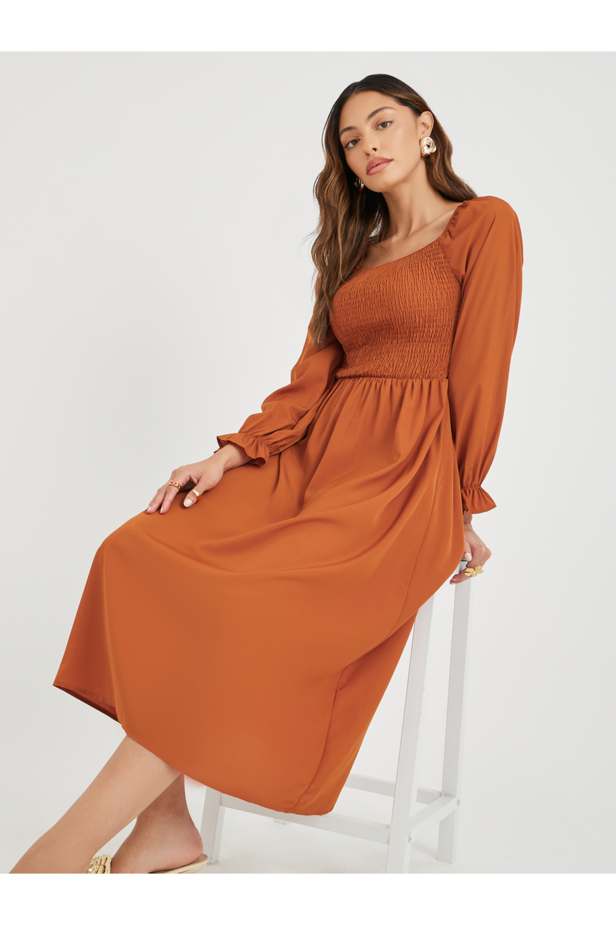 Take Two By Styli Women Rust Solid Square Neck Smocked A-Line Midi Dress