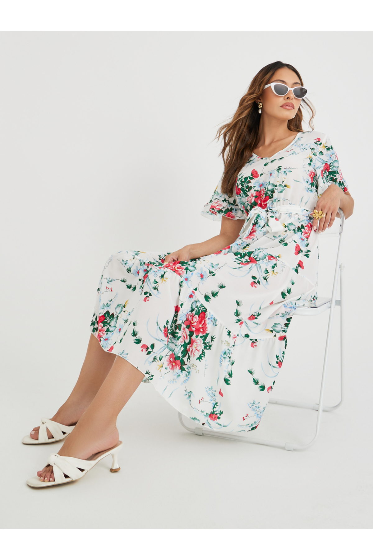 Take Two By Styli Women White Floral Print Ruffle Trim A-Line Midi Dress with Tie Waist
