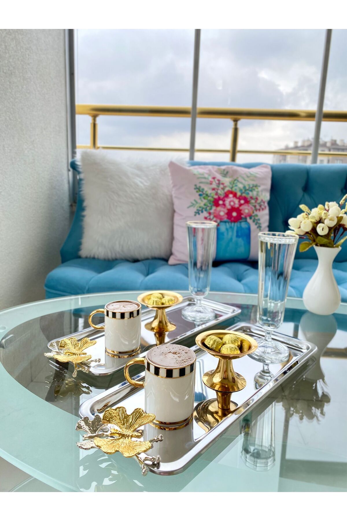 Aslı Hediyelik 6-Piece Luxury Baton Stainless Steel Butterfly Service, Tea, Coffee, Treats and Presentation Tray