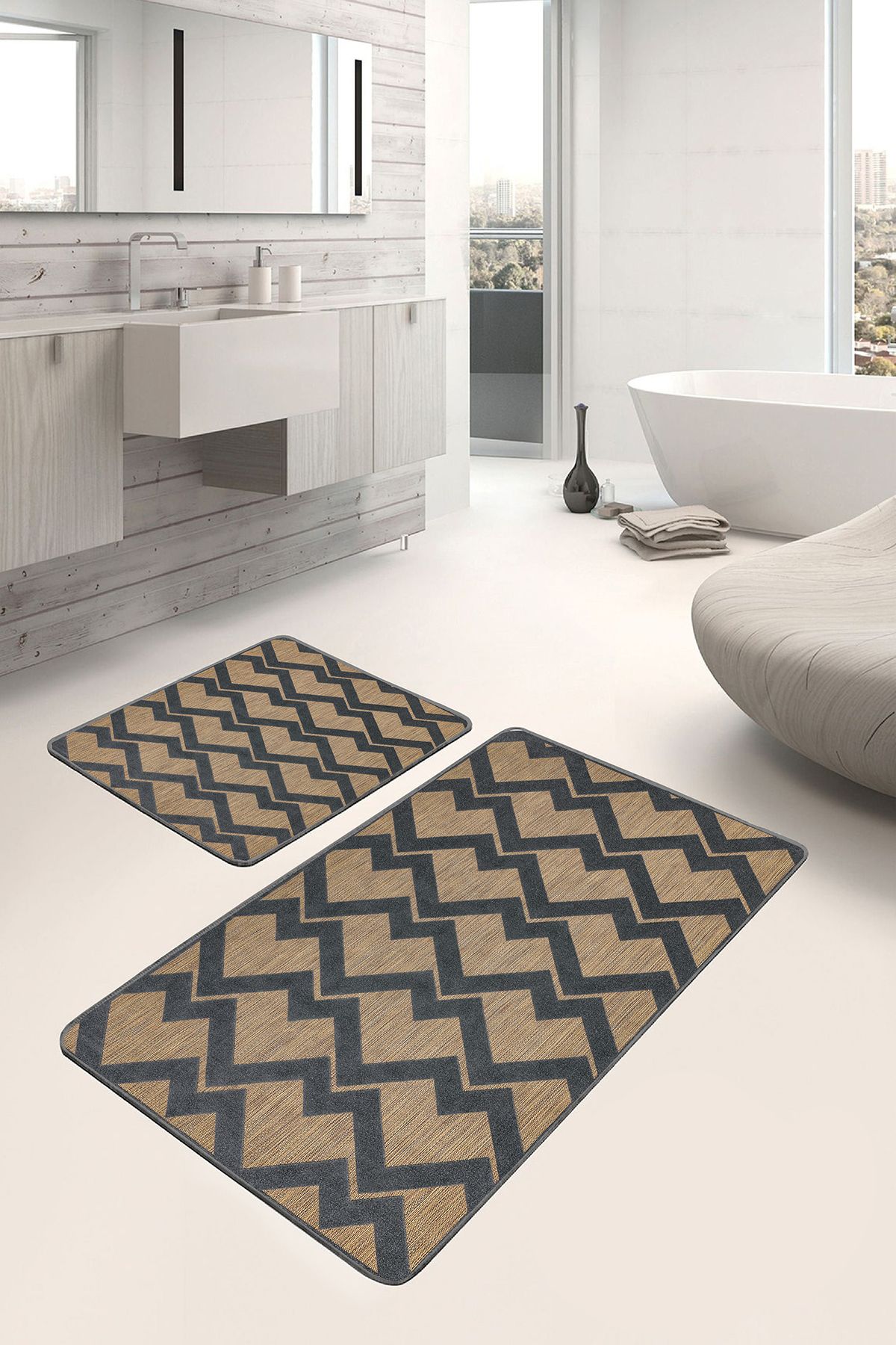 Realhomes 2'li Set Krem Gri Zeminde Hasır Motifli Geometrik Desenli Geometrik Klasik 2'li Banyo Paspas Takımı