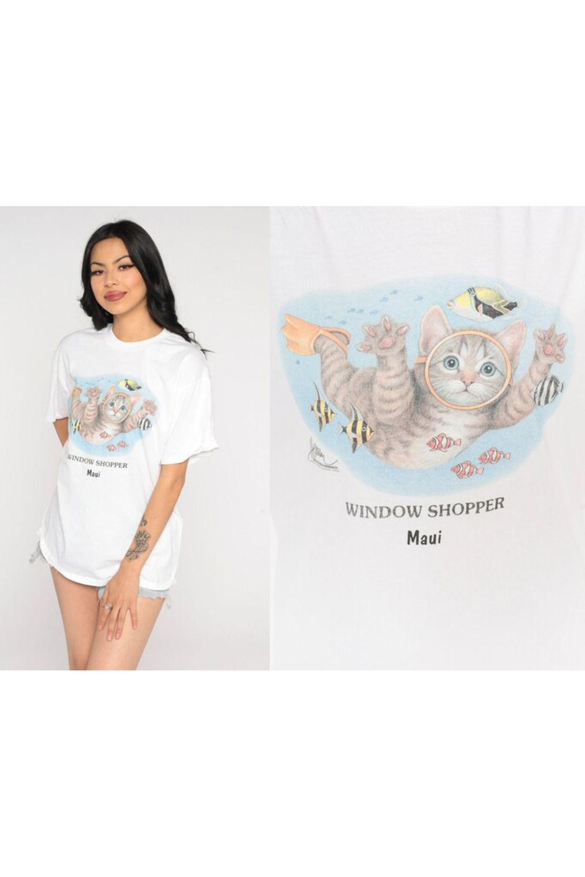 aynewmoda Hawaiian cat shirt, 90s maui t shirt, tropical fish, scuba diving, hawaiian, window displays,