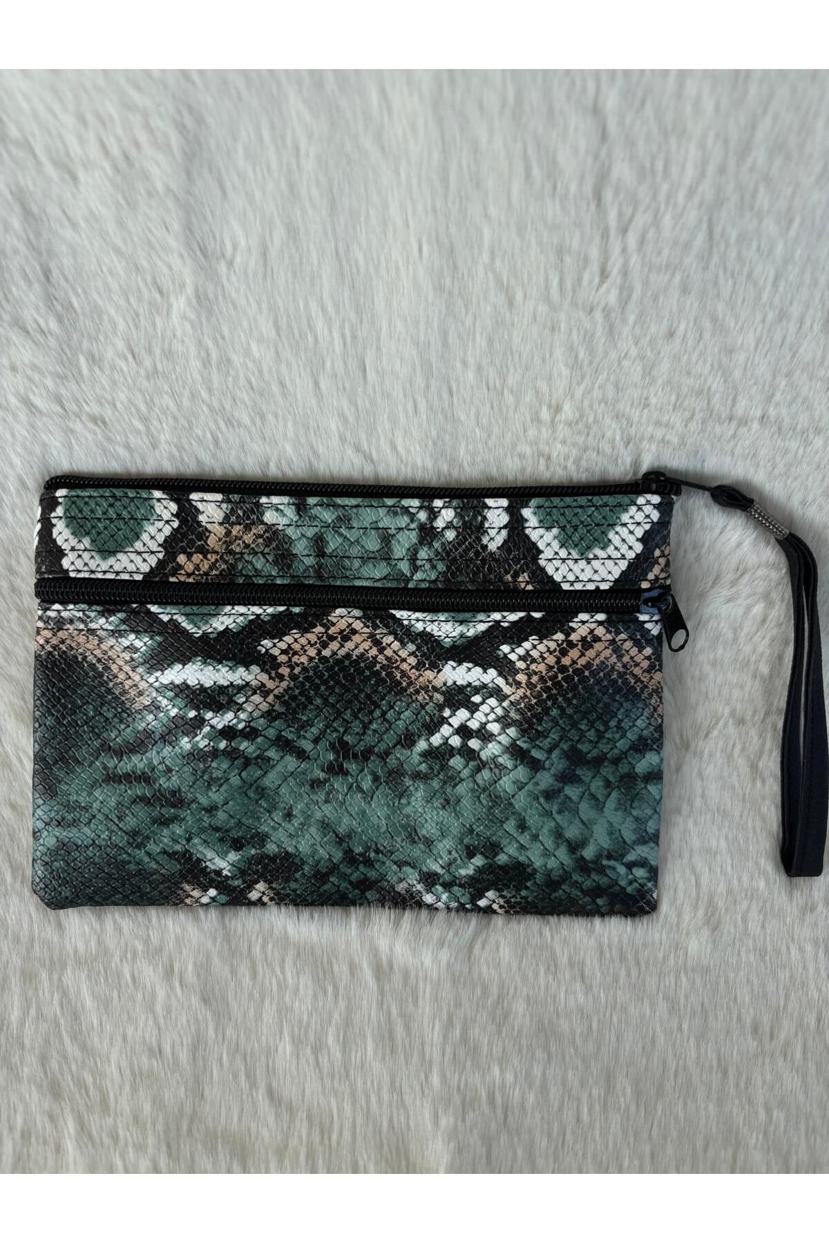 AyKoş aksesuar YEŞİL YILAN DERİSİ DESENLİ EL ASKILI CLUTCH PORTFÖY KADIN ÇANTA