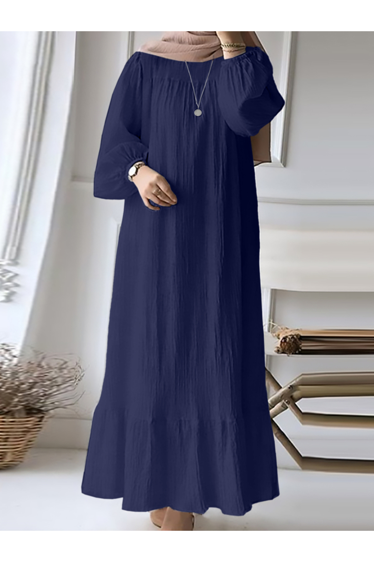 Take Two By Styli Women Navy Blue Textured Cuffed Sleeves Jalabiya