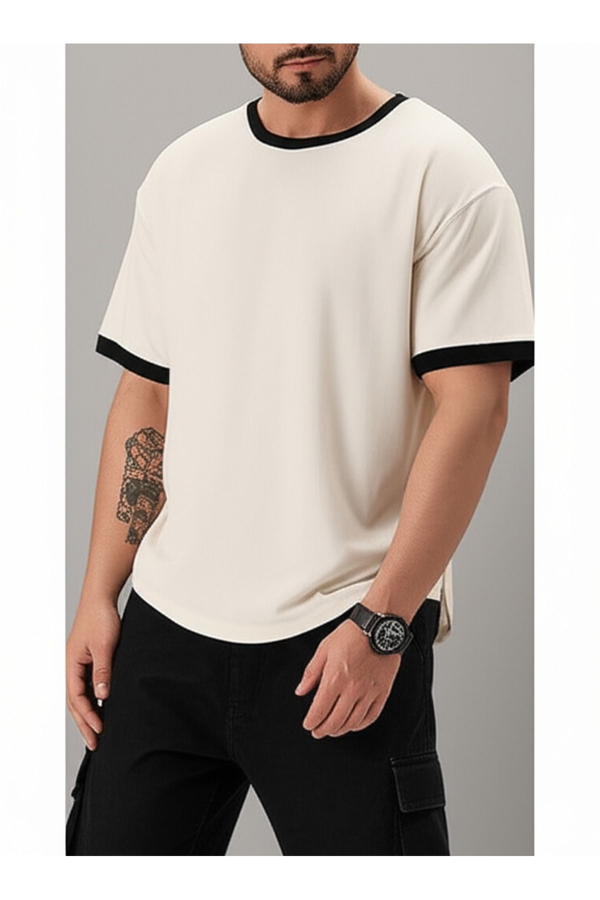 S&T MODA Unisex Erkek/Kadın Lacivert Beyaz Yaka Düz Oversize Pamuklu T-Shirt Tişört