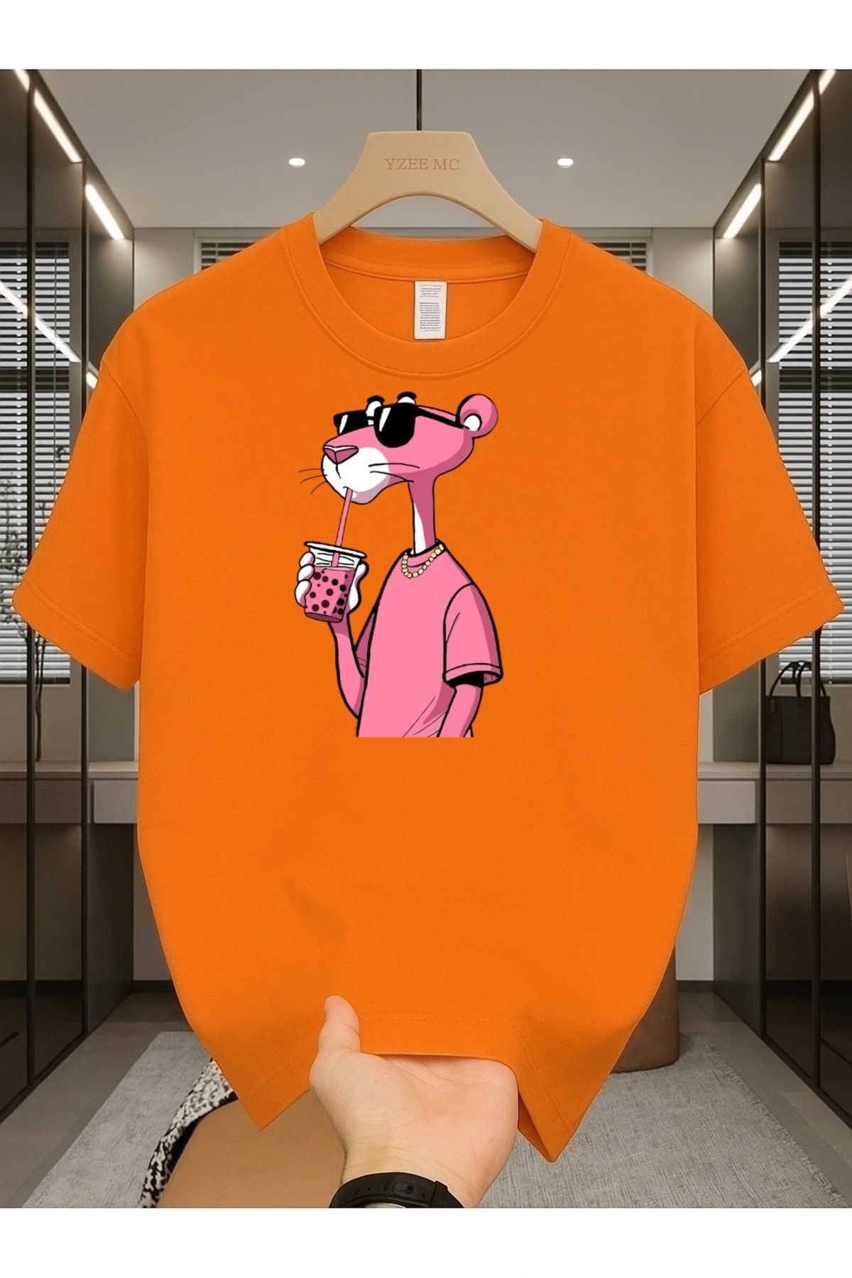 Madali Boutique Pembe Panter Baskılı Unisex Bisiklet Yaka Pamuk Oversize Boyfriend T-Shirt