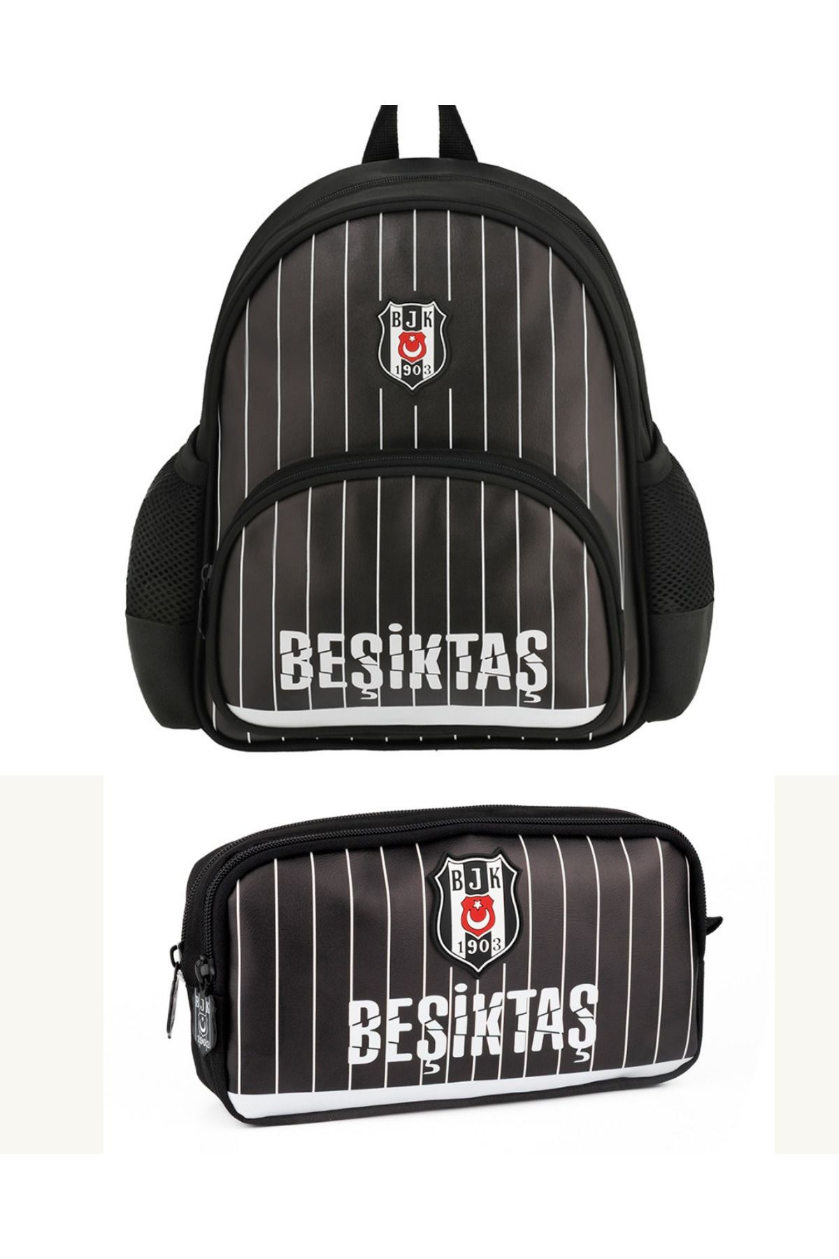 Beşiktaş BJK Official Lisanslı İnce Çubuk Desenli Suni Deri Sırt Çantası+Kalemlik Set 255set2