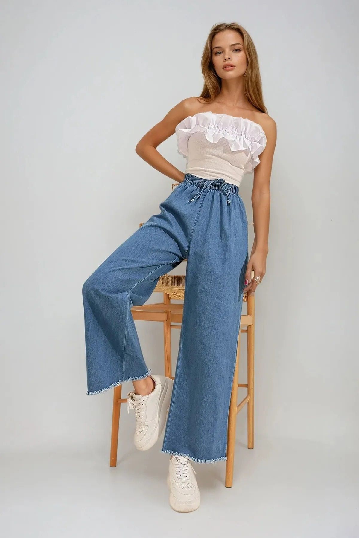 MAMAYAGA Kadın Yüksek Bel Denim Geniş Paça Beli Lastikli Plazzo Pantolon