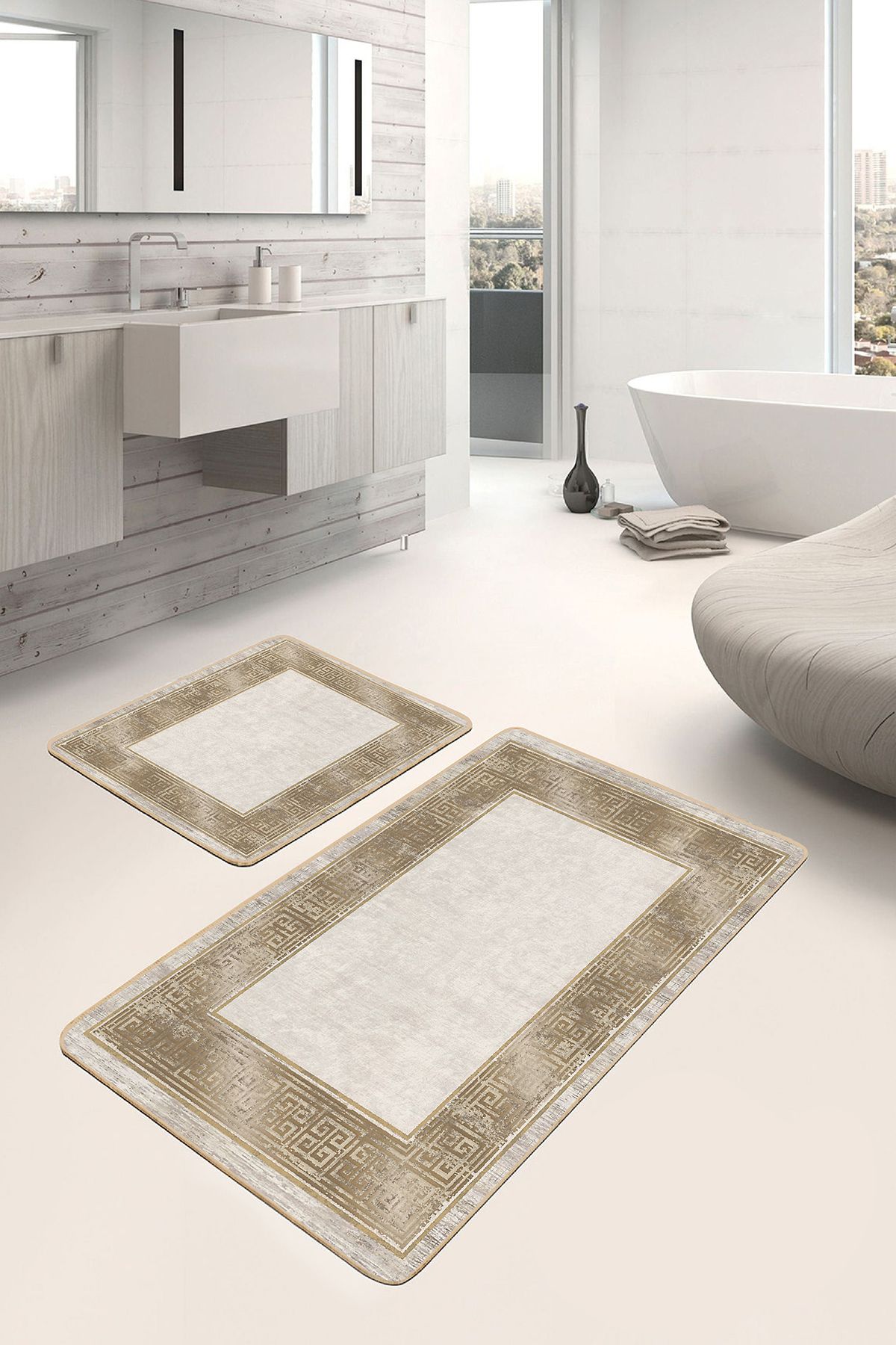Realhomes 2'li Set Krem - Gold Zeminde Çerçeveli Motifli Altın Avangarde Geometrik 2'li Banyo Paspas Takımı
