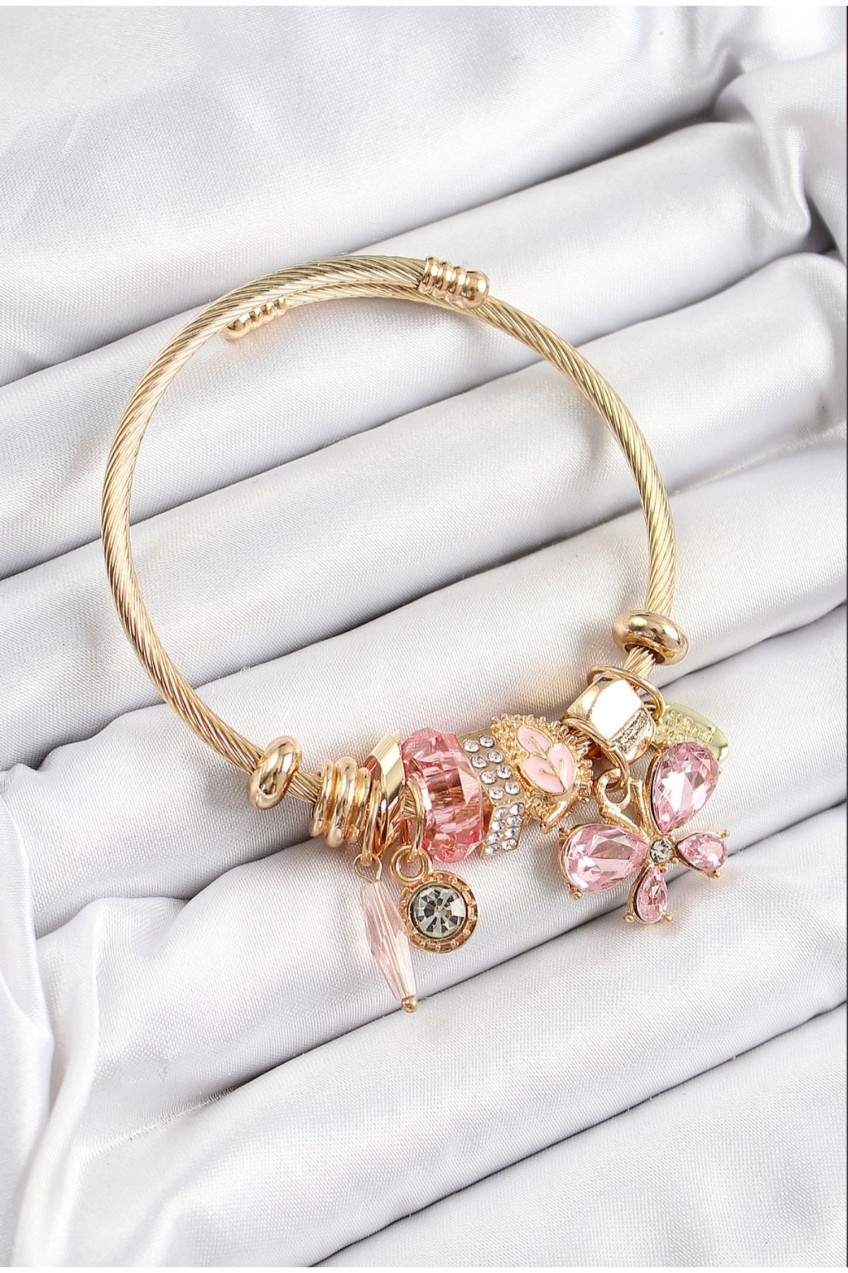 Clariss 316L Çelik Pembe Zirkon Taşlı Kelebek Model Gold Renk Charm Bileklik