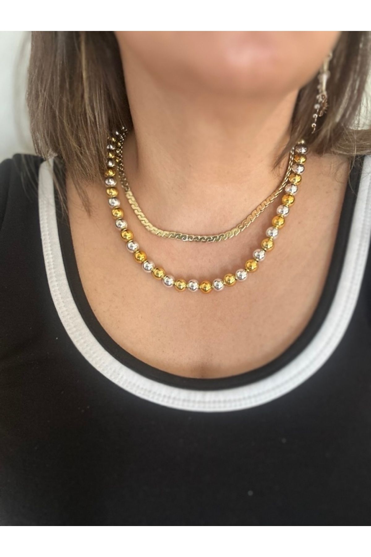 ALS Tasarım Dünyası Çelik Gold Renk 5mm Burgu Zincir Kolye Ve Gold Ve Gümüş Renk Topçuk Model 2'li Kolye Kombini