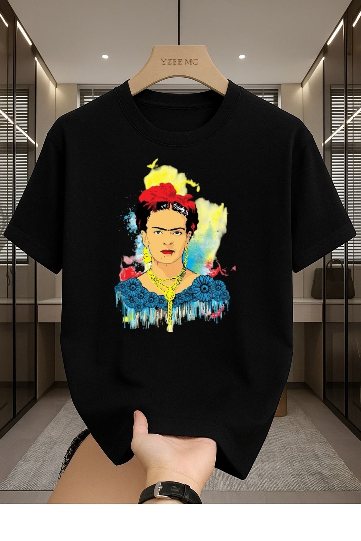 Madali Boutique Frida Kahlo Renkli Baskılı Unisex Bisiklet Yaka Pamuk Oversize Boyfriend T-Shirt