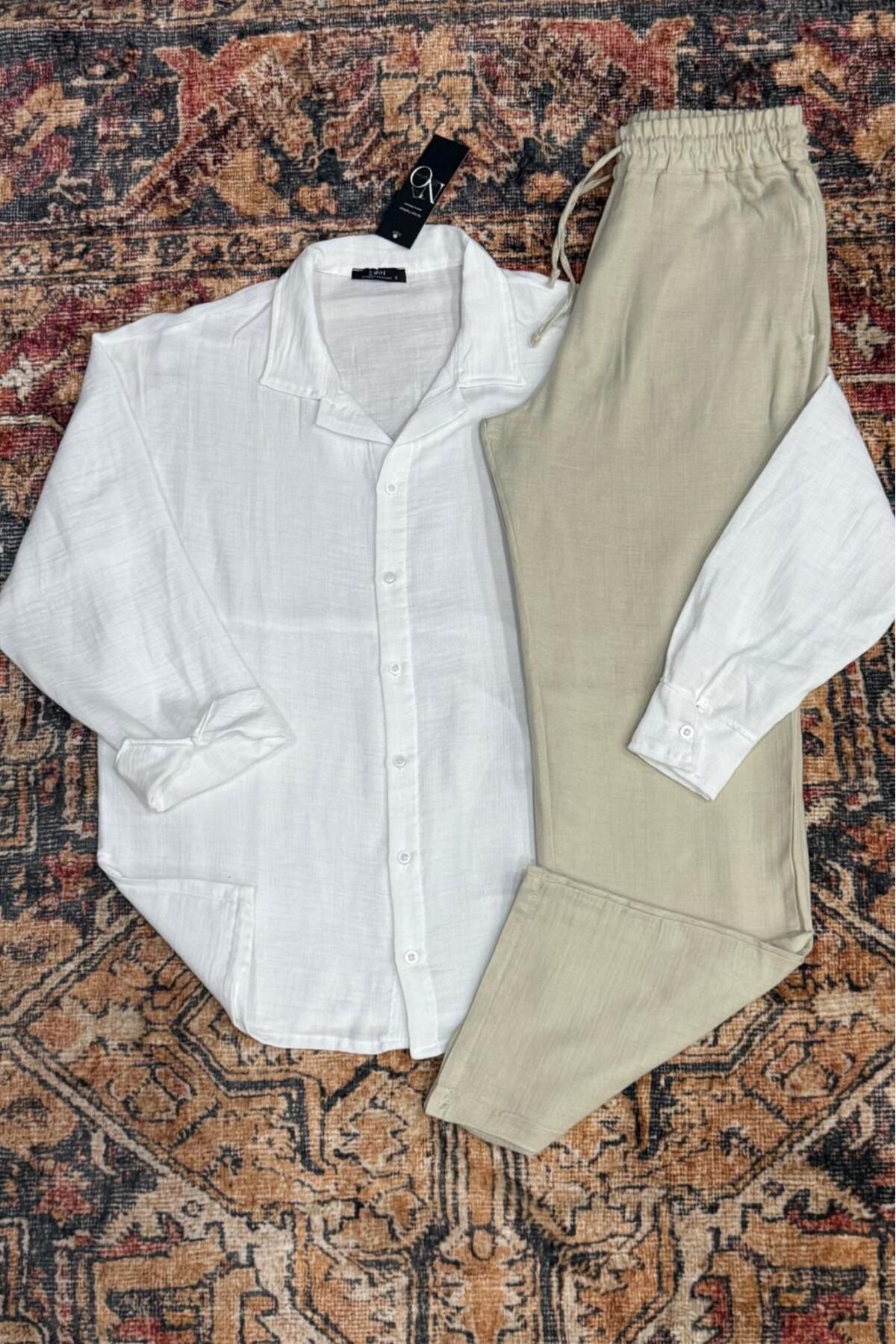 NO 601 Erkek Beyaz Müslin Keten Karışımlı Gömlek &Müslin Bej Pantalon Takım