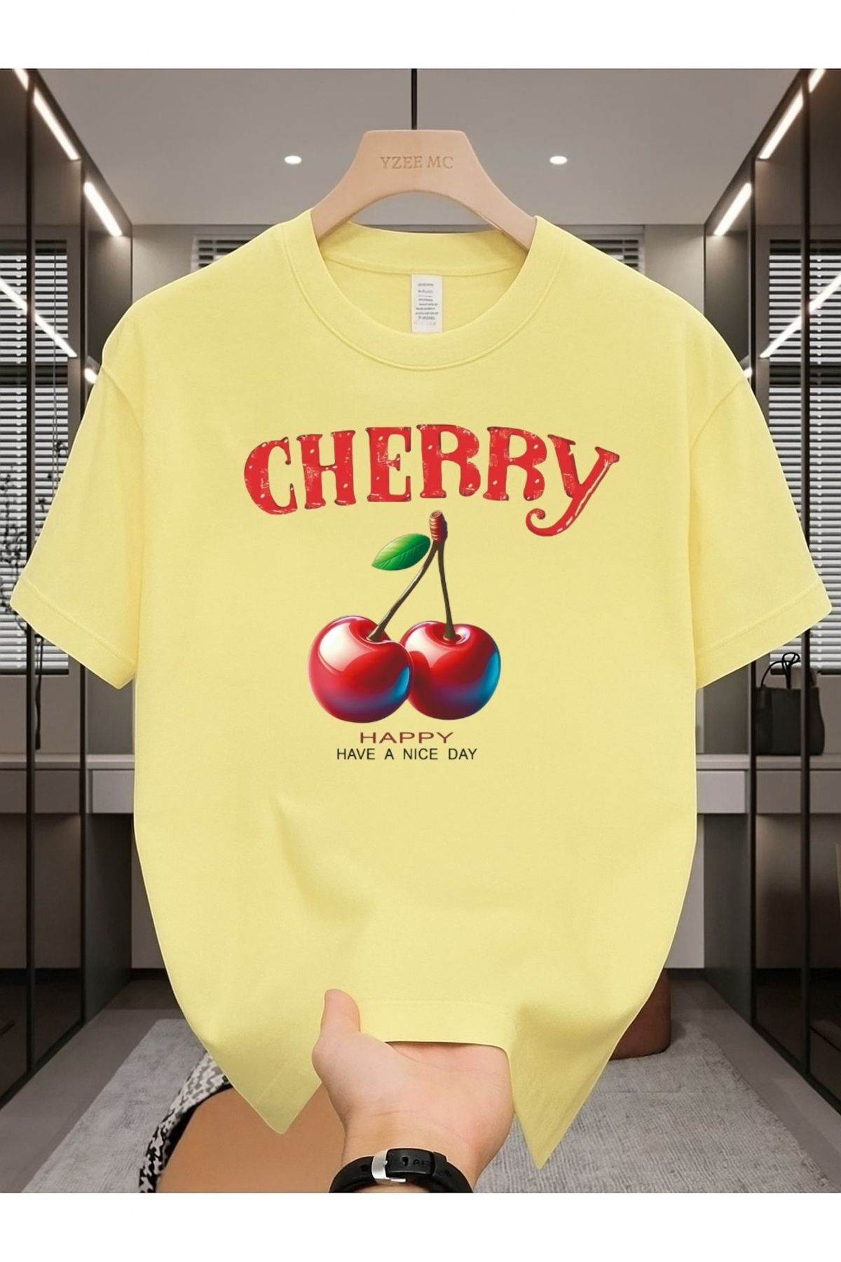 Madali Boutique Cherry Baskılı Unisex Bisiklet Yaka Pamuk Oversize Boyfriend T-Shirt