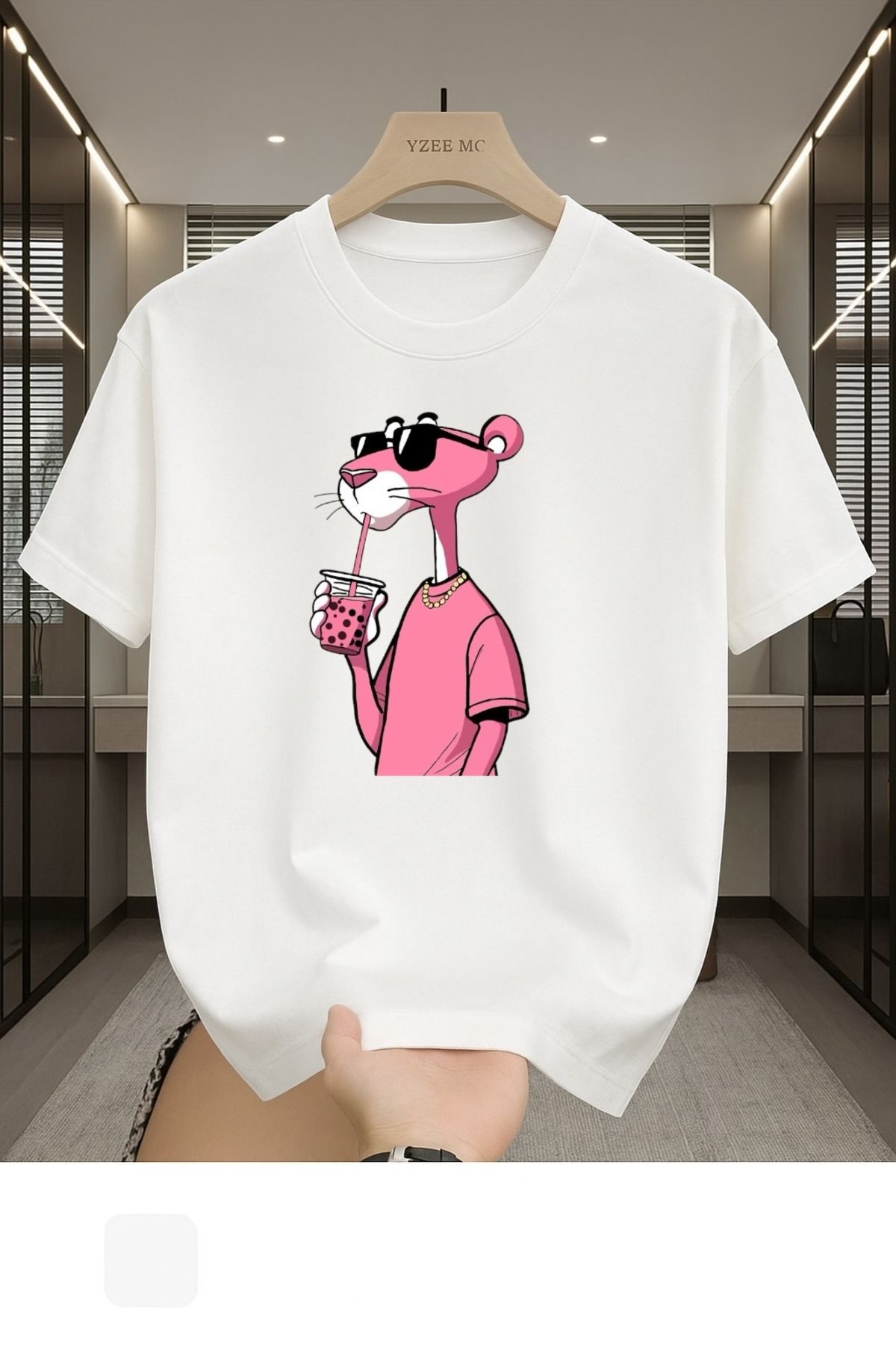 Madali Boutique Pembe Panter Baskılı Unisex Bisiklet Yaka Pamuk Oversize Boyfriend T-Shirt