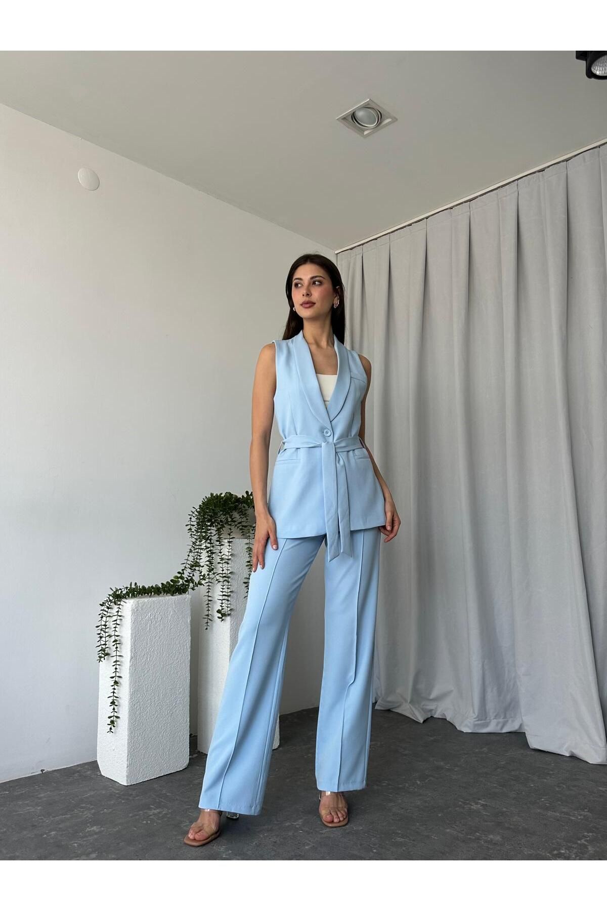 EFSUN MODA KADIN LEİLA YELEK PANTOLON TAKIM ASTARLİ KUŞAKLI