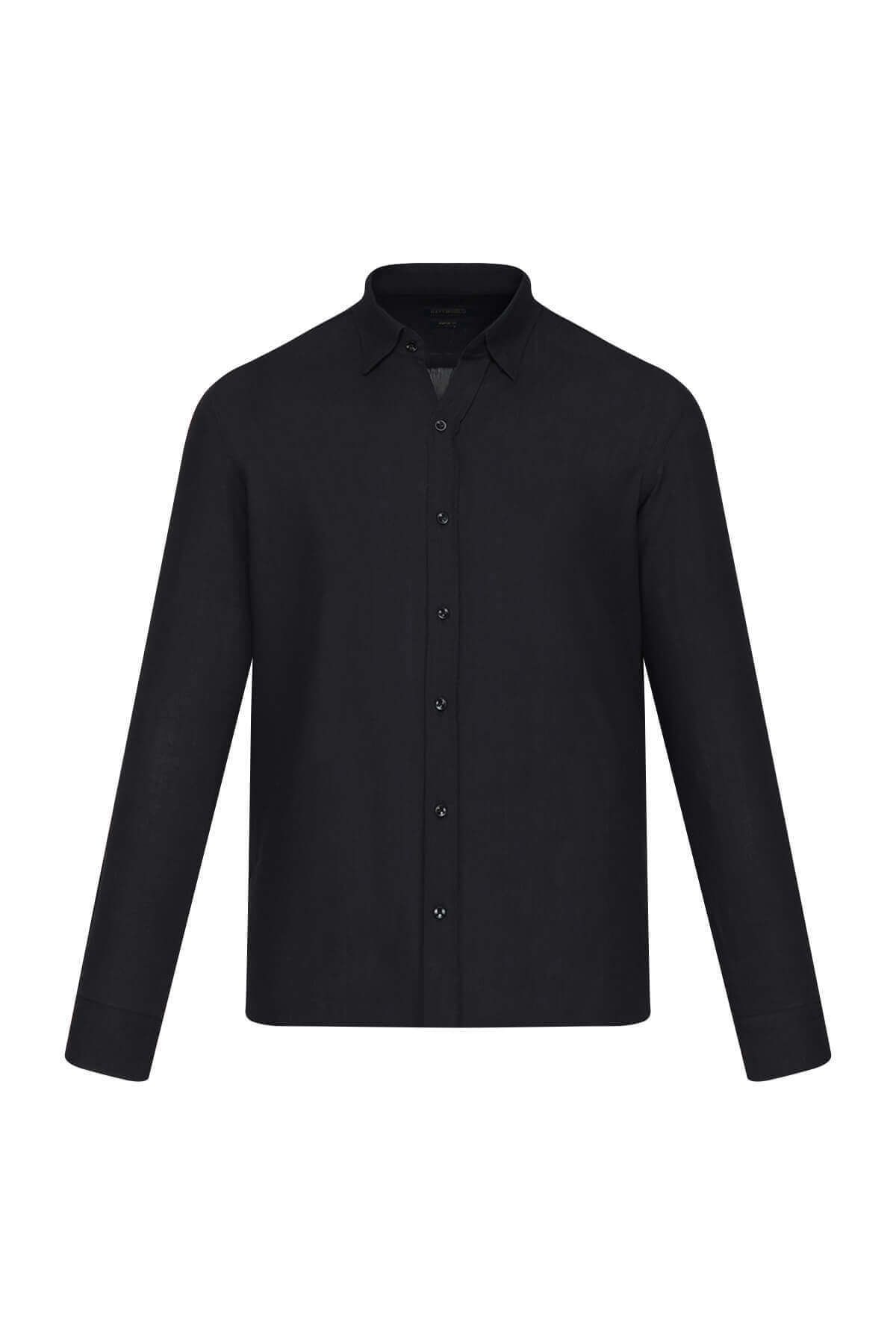 Hatemoğlu Siyah Comfort Fit 100% Pamuk Düğmeli Yaka Uzun Kollu Casual Gömlek