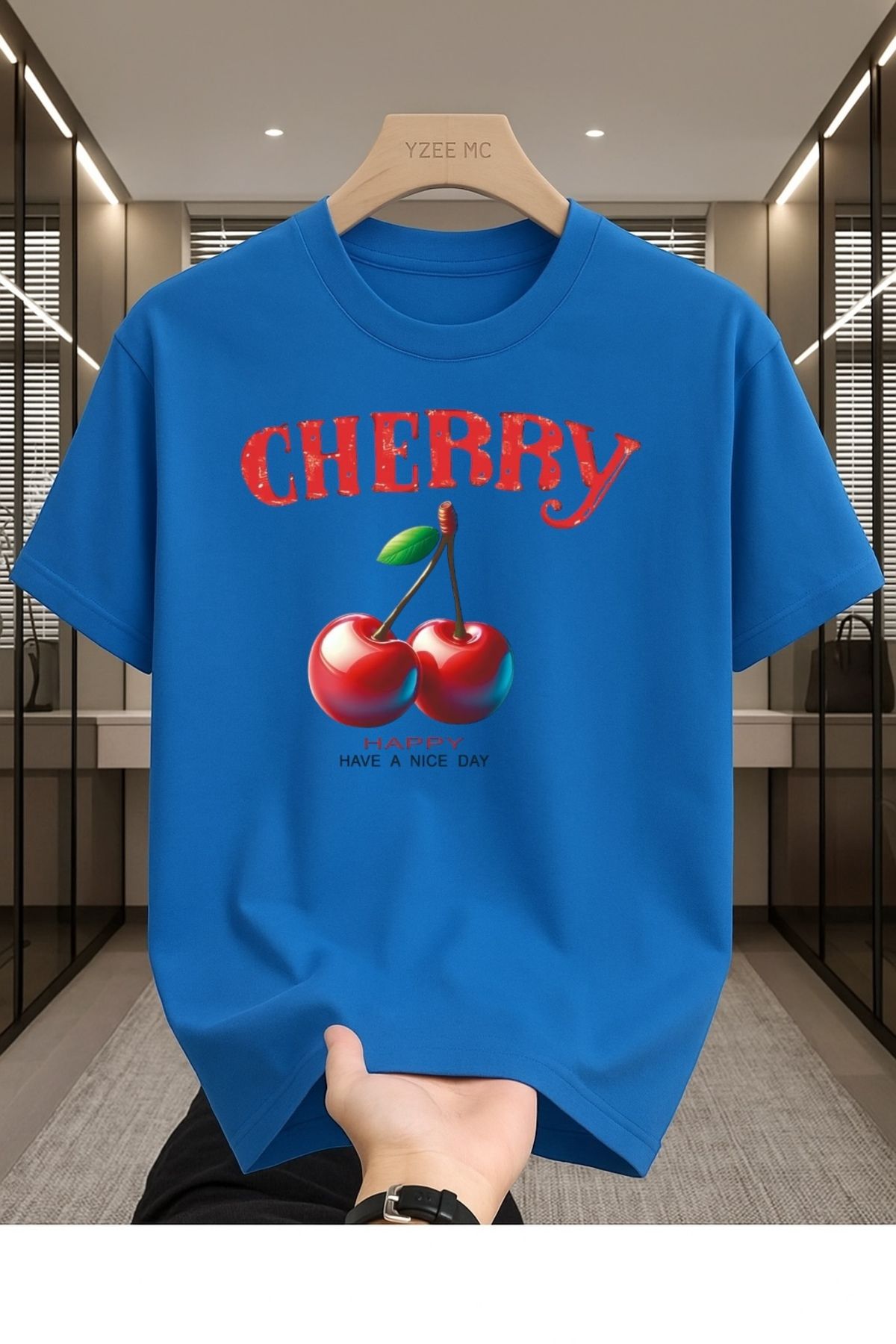 Madali Boutique Cherry Baskılı Unisex Bisiklet Yaka Pamuk Oversize Boyfriend T-Shirt
