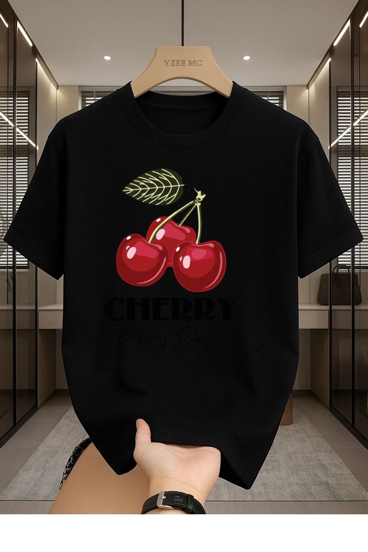 Madali Boutique Cherry Bery Days Baskılı Unisex Bisiklet Yaka Pamuk Oversize Boyfriend T-Shirt