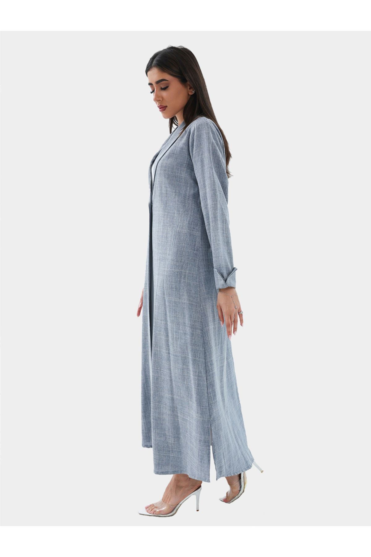 Elena by DStyle-Label Collar Melange A-Line Abaya with Button Detail 3