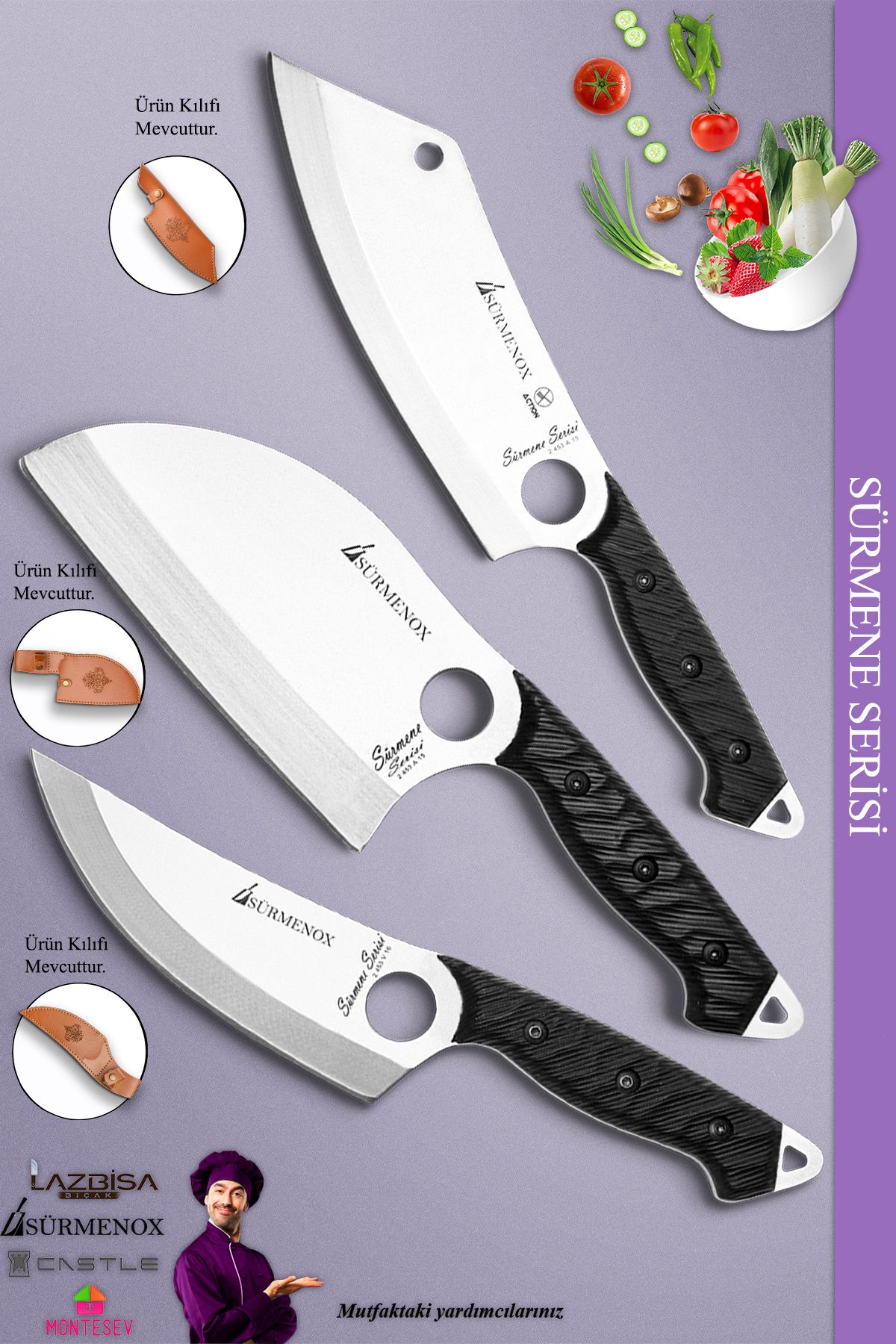 SÜRMENOX Sürmene Serisi Outdoor Kamp Bıçağı Mutfak Şef Bıçağı Deri Kılıflı 3 Lü Set Siyah Renk (VRZOUT-002)