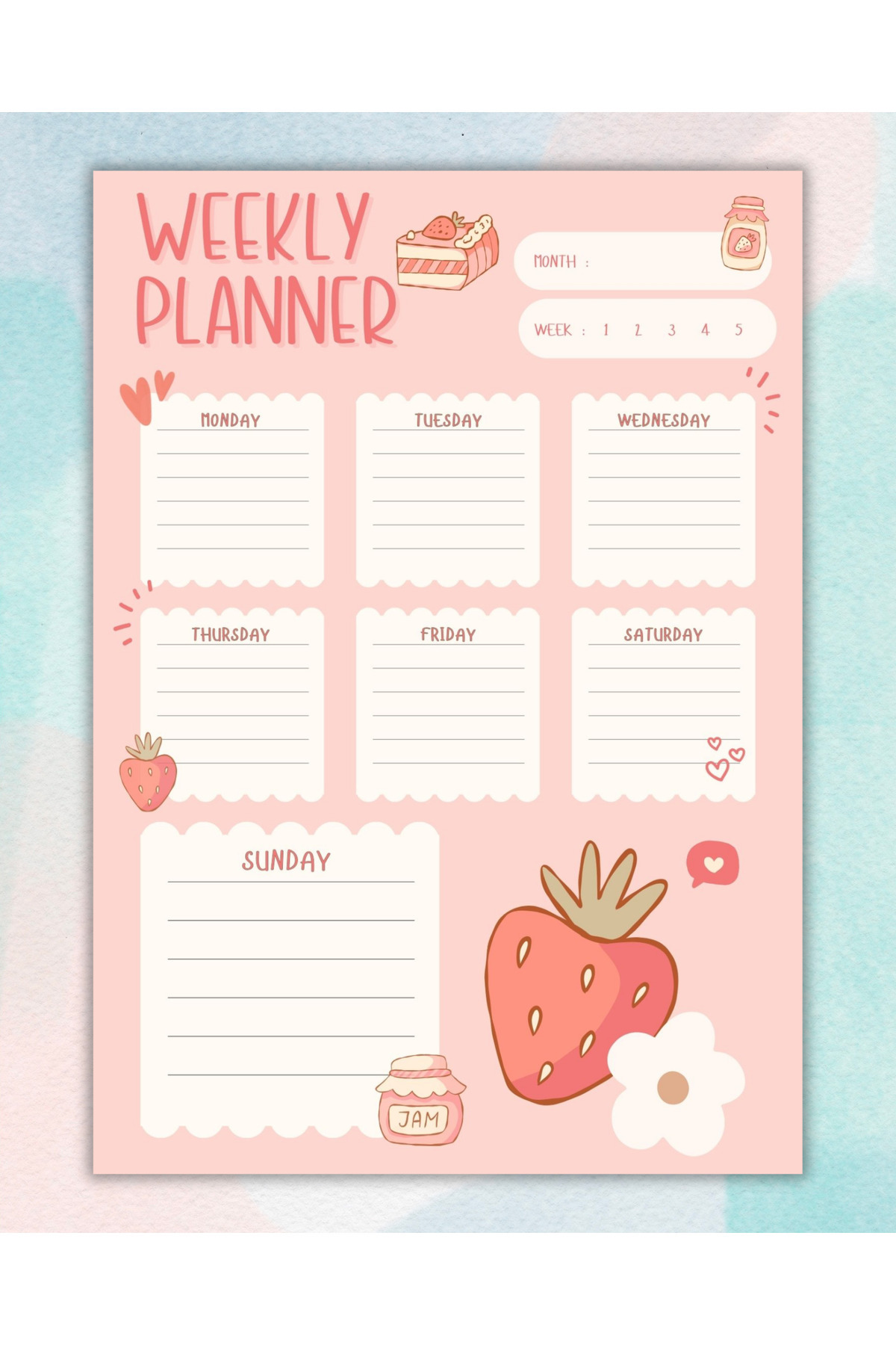 Elvina Paper Çilekli Haftalık Planlayıcı, A5 Boyut, Weekly Planner, Memopad, To Do List, Bloknot, Notepad