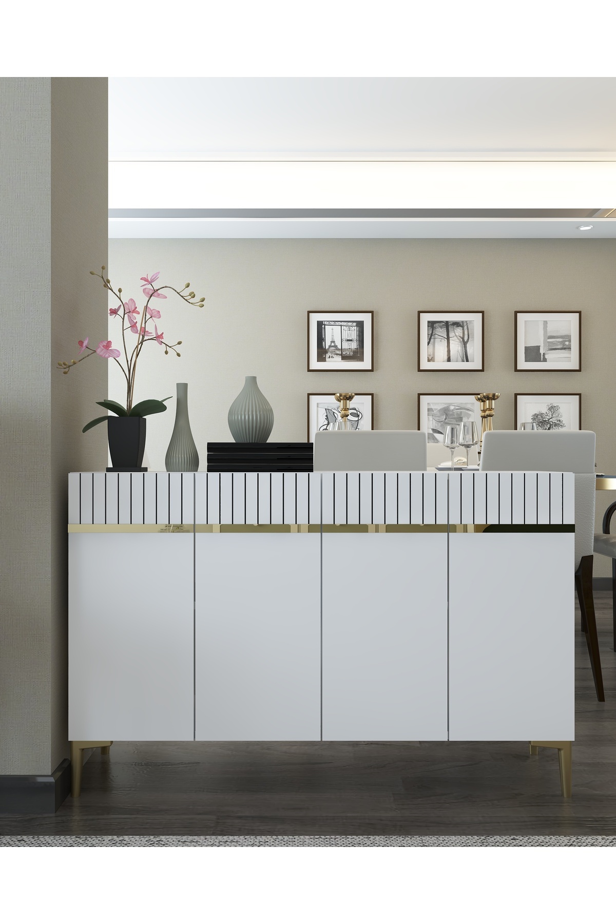 DemonteHome SWİSSDH (KM120) Konsol,Çok Amaçlı Dolap, Ayakkabılık,Kahve Köşesi,Kitaplık,Tv Sehpası BEYAZ-ALTIN