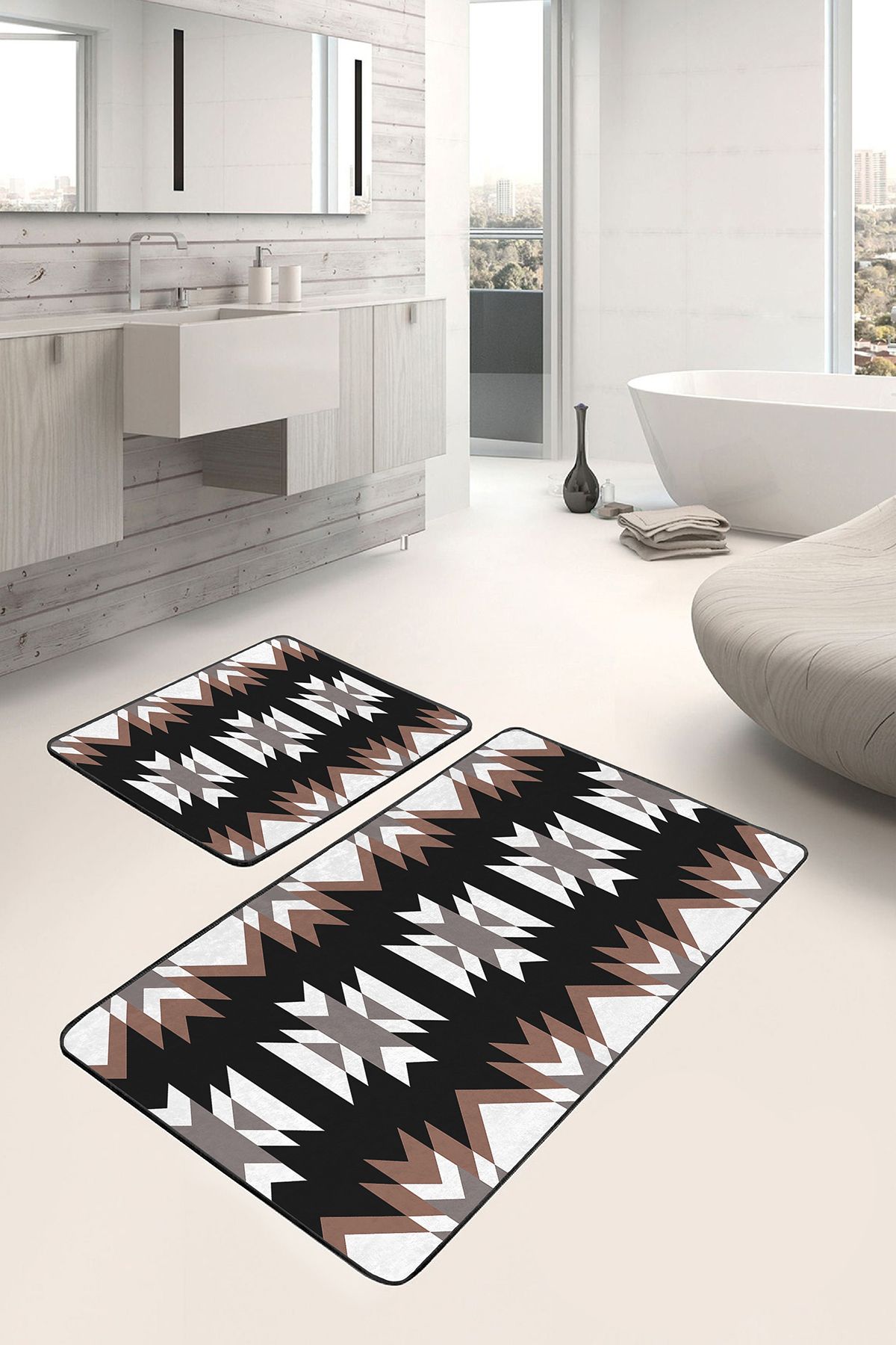 Realhomes Siyah Kahverengi Zeminde Etnik Motifli Geleneksel Desenli Etnik Motifler 2'li Banyo Paspas Takımı