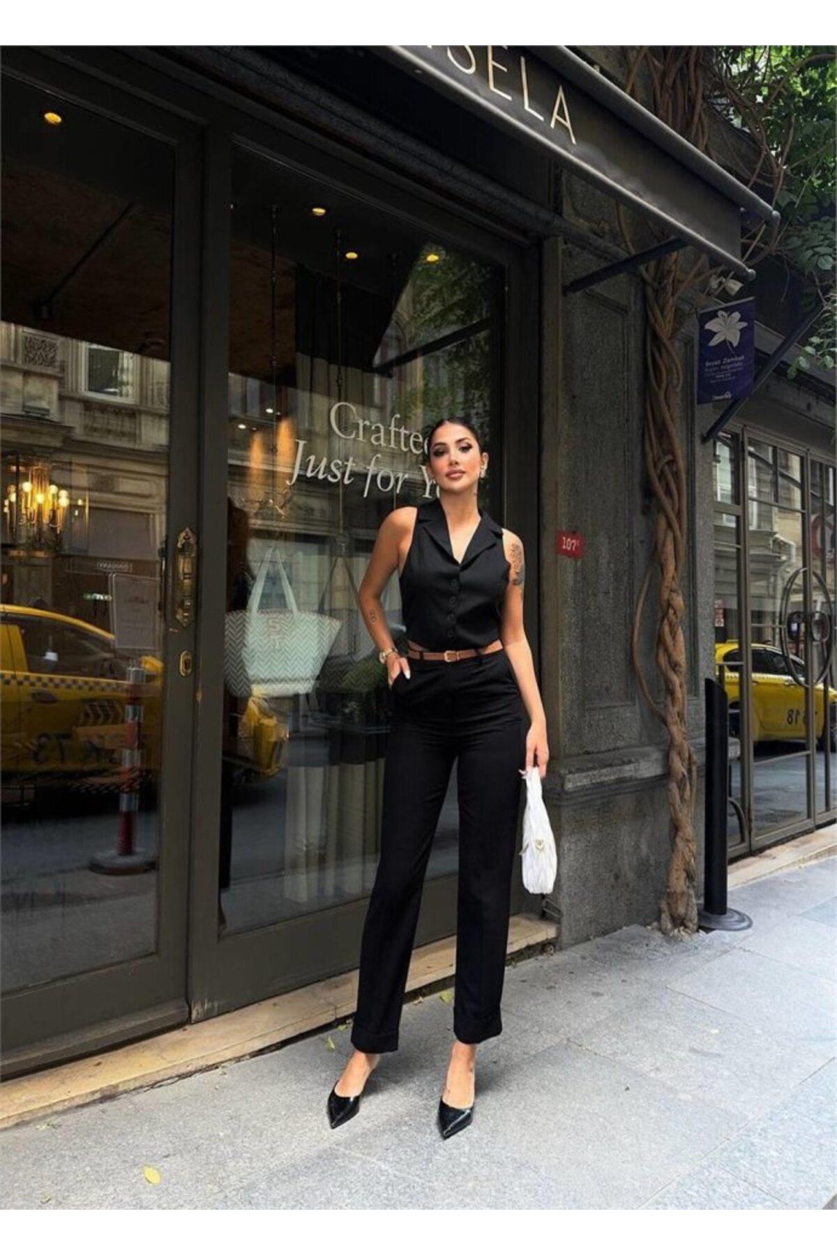 hepimiz alalım KETEN DUBLE PAÇA DERİ TABA KEMERLİ PANTOLON - Siyah