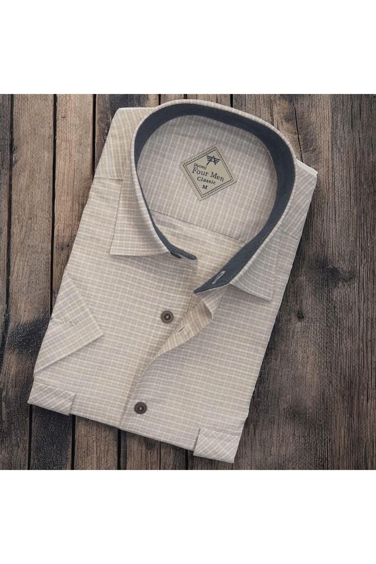 EREN STYLE Linen Keten Klasik Kısa Kollu İki Cepli Kapaklı Krem Baba Gömleği (Regular Kalıp)