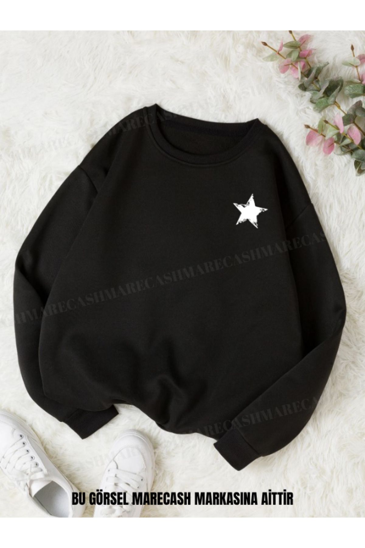 MARECASH Yıldız Baskılı Bisiklet Yaka 3 İplik Sweatshirt 0 Yaka Kışlık Pamuklu