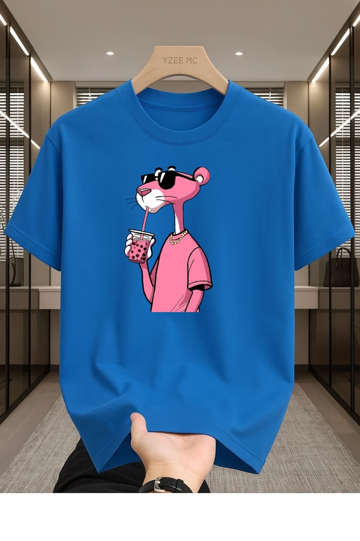 Madali Boutique Pembe Panter Baskılı Unisex Bisiklet Yaka Pamuk Oversize Boyfriend T-Shirt