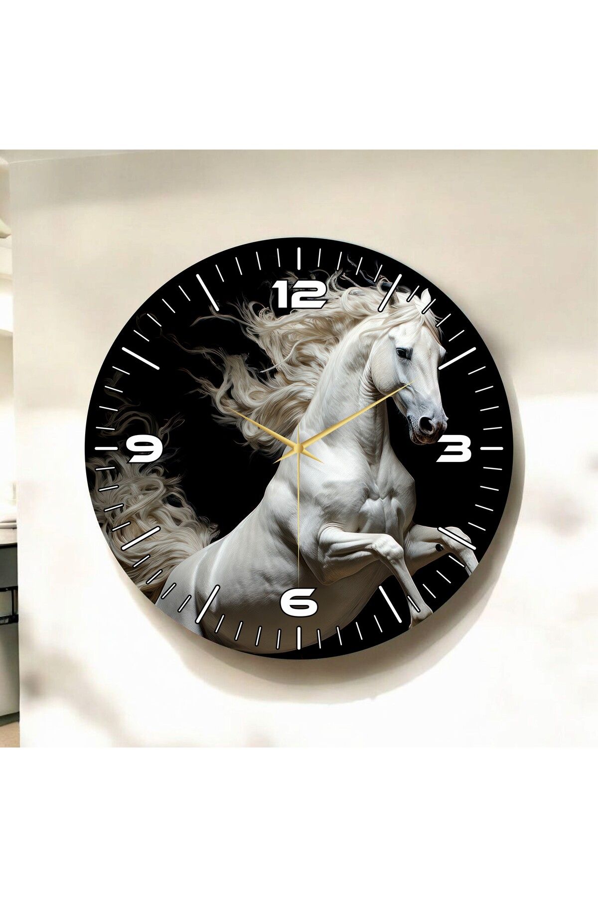 AA Shop Beyaz At Siyah Renkli Baskı Hayvan Desenli Sayılı Hediyelik Ahşap Sessiz Duvar Saati 50cm