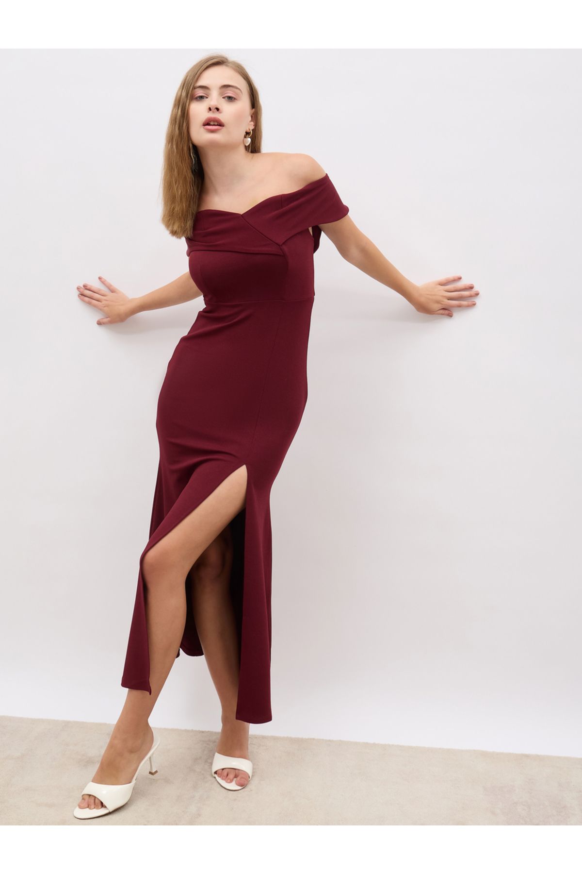 Styli Off Shoulder Sheath Maxi Dress with Front Split