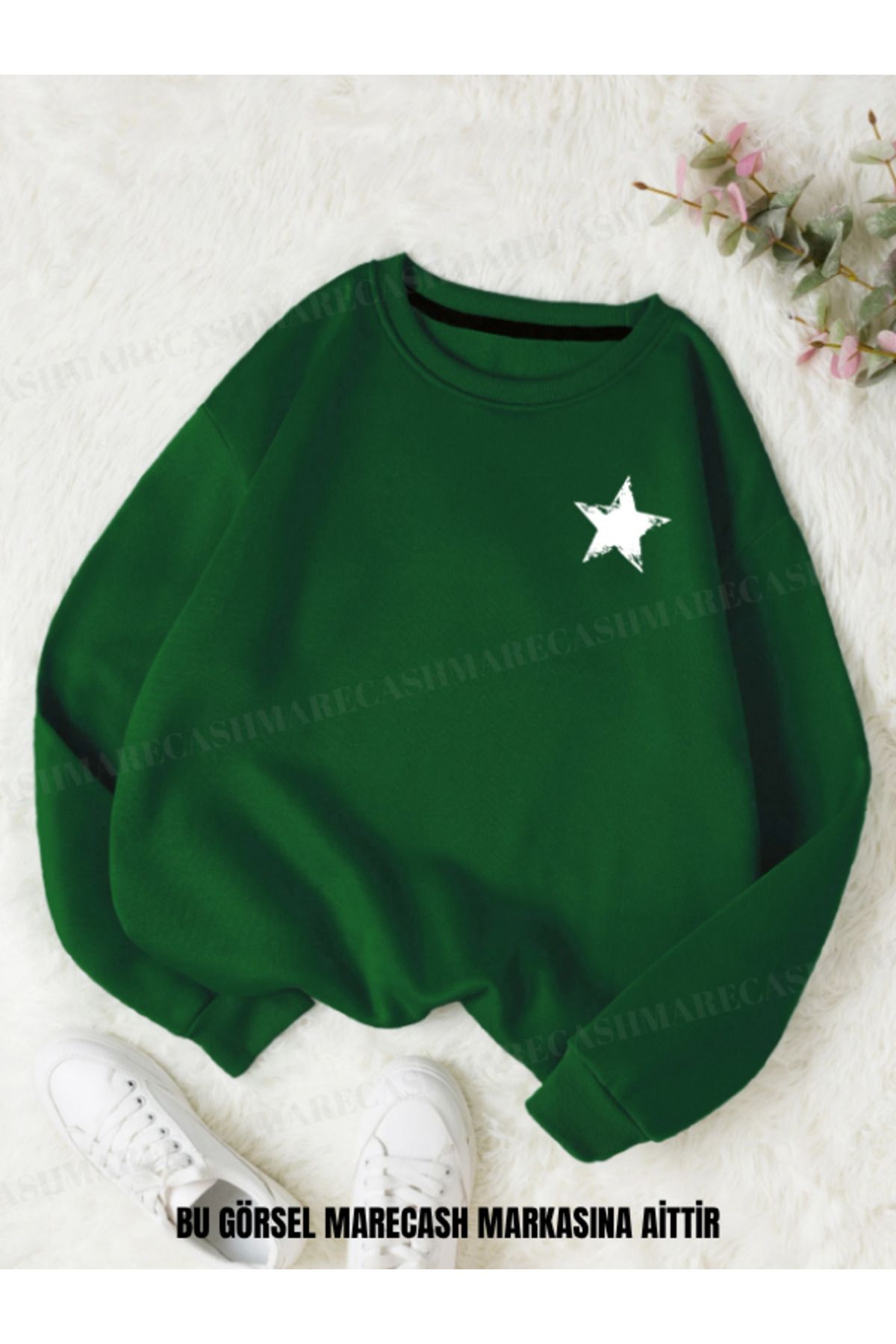 MARECASH Yıldız Baskılı Bisiklet Yaka 3 İplik Sweatshirt 0 Yaka Kışlık Pamuklu