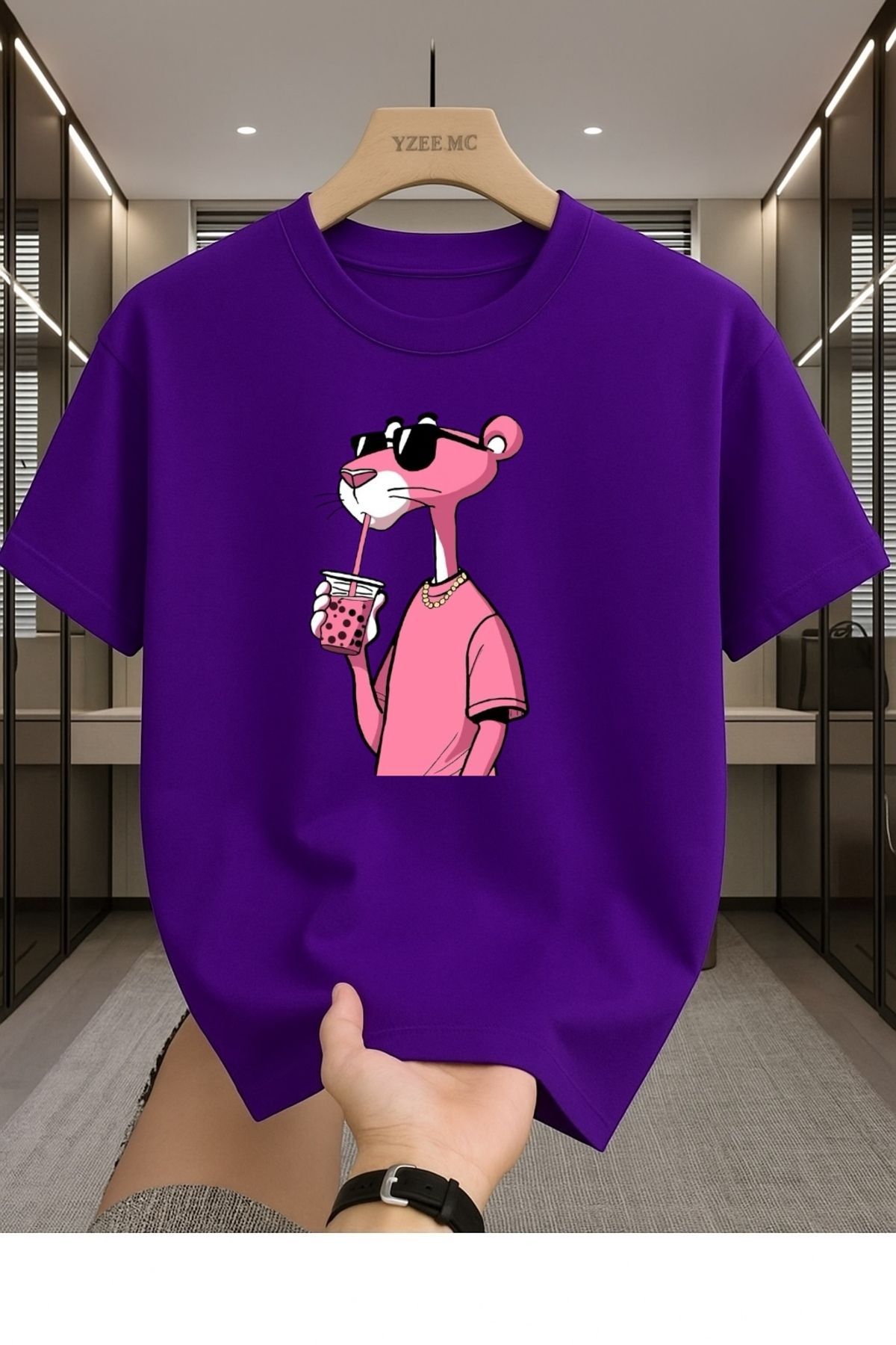 Madali Boutique Pembe Panter Baskılı Unisex Bisiklet Yaka Pamuk Oversize Boyfriend T-Shirt